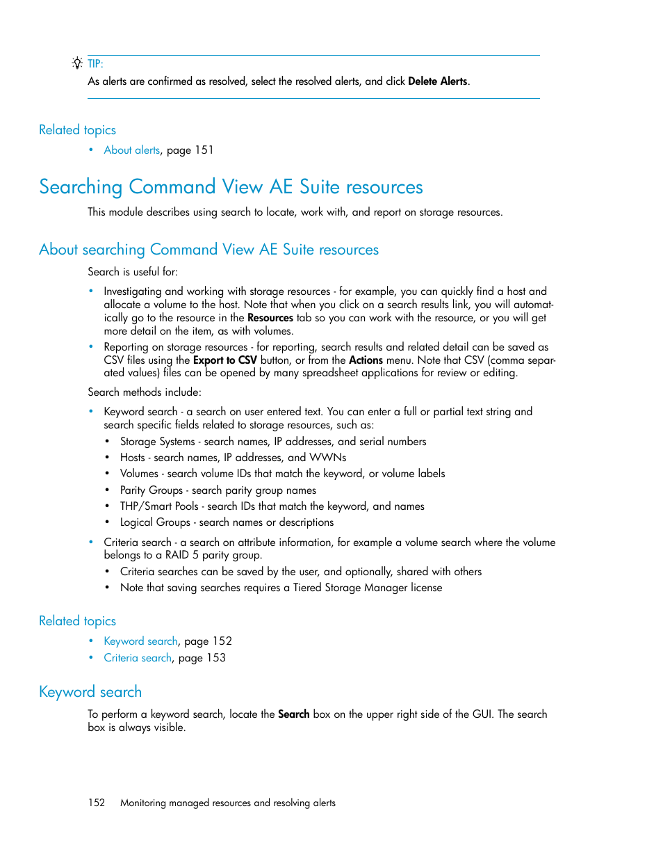 Searching command view ae suite resources, About searching command view ae suite resources, Keyword search | 152 keyword search | HP XP Array Manager Software User Manual | Page 152 / 238