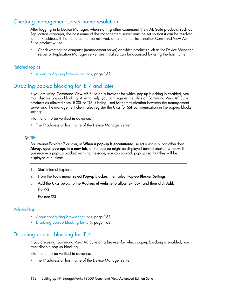 Checking management server name resolution, Disabling pop-up blocking for ie 7 and later, Disabling pop-up blocking for ie 6 | 162 disabling pop-up blocking for ie 7 and later, 162 disabling pop-up blocking for ie 6 | HP XP Array Manager Software User Manual | Page 162 / 238