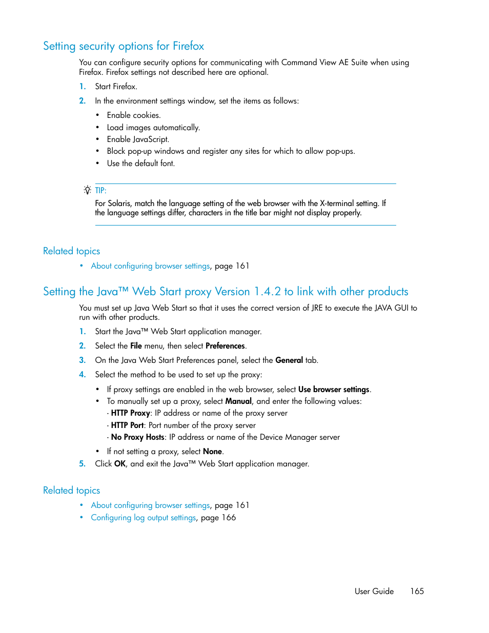 Setting security options for firefox | HP XP Array Manager Software User Manual | Page 165 / 238