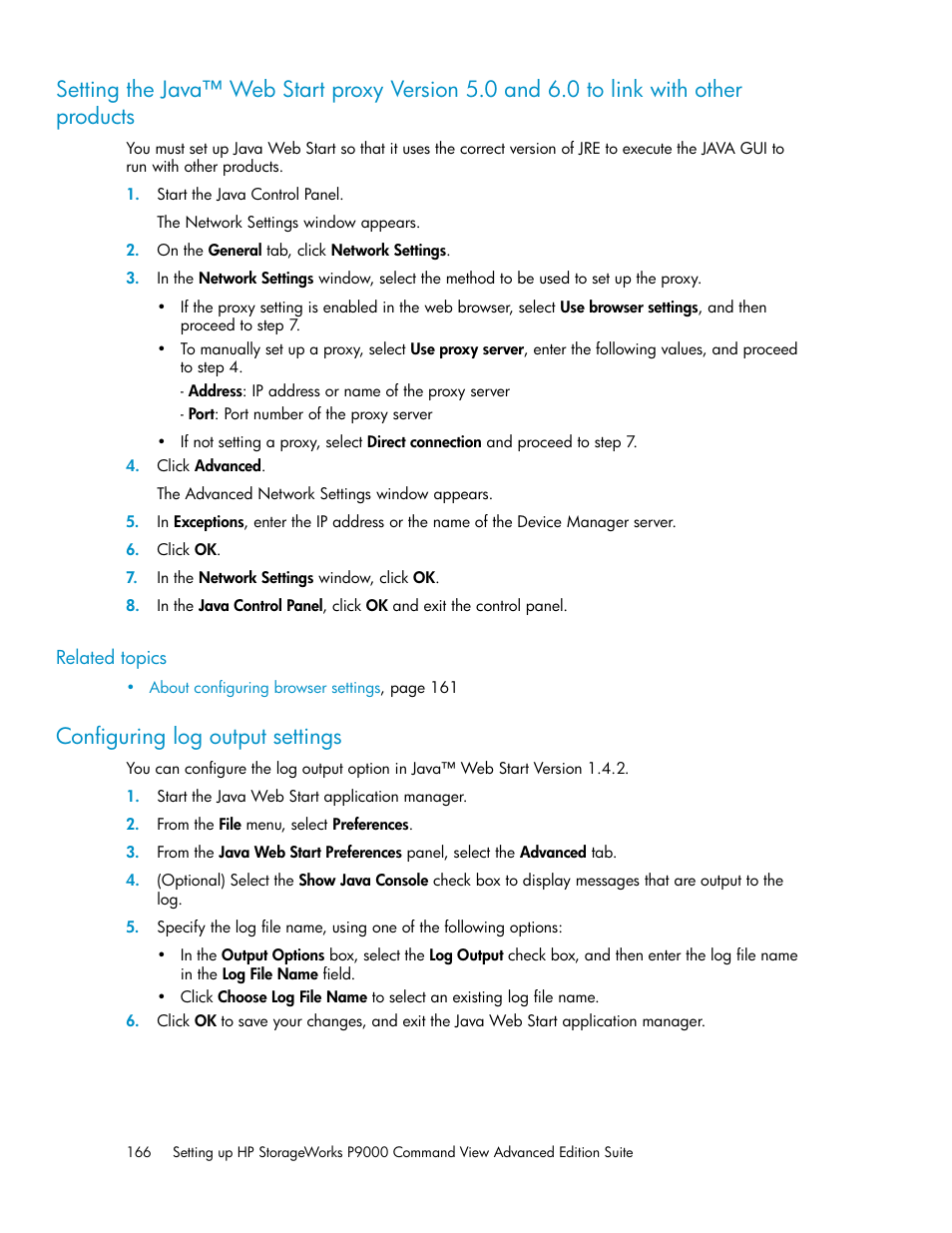 Configuring log output settings, 166 configuring log output settings | HP XP Array Manager Software User Manual | Page 166 / 238