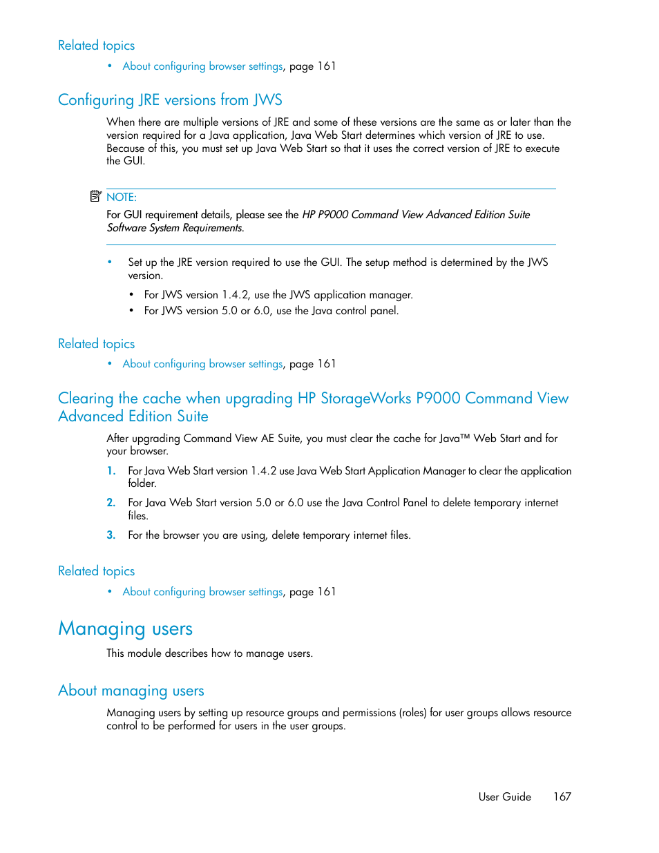 Configuring jre versions from jws, Managing users, About managing users | Suite | HP XP Array Manager Software User Manual | Page 167 / 238