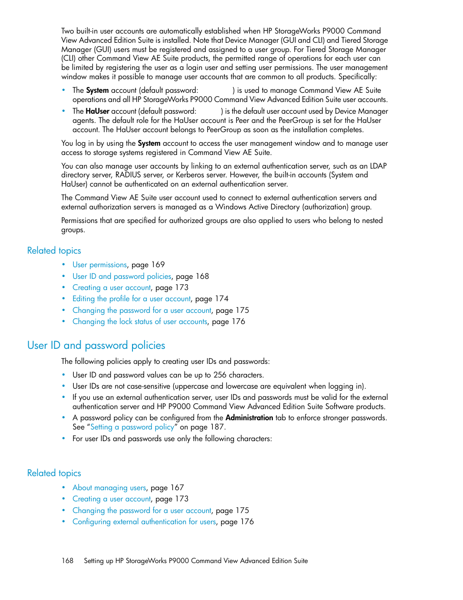 User id and password policies, User id and password, Policies | HP XP Array Manager Software User Manual | Page 168 / 238