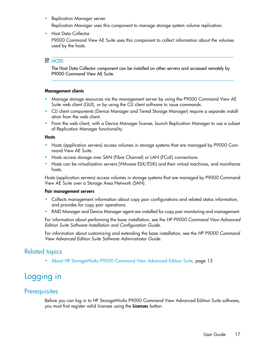 Logging in, Related topics, Prerequisites | HP XP Array Manager Software User Manual | Page 17 / 238