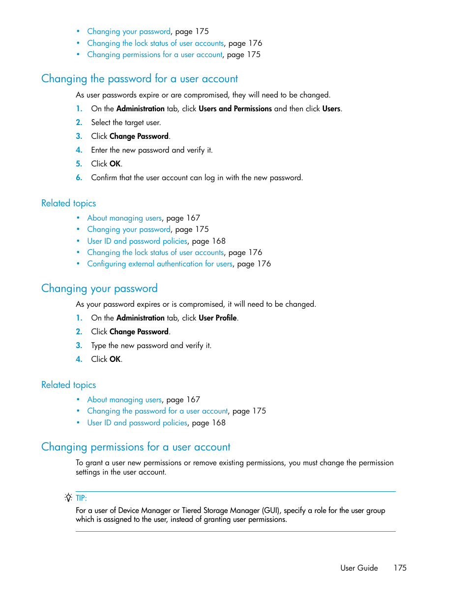 Changing the password for a user account, Changing your password, Changing permissions for a user account | 175 changing your password, 175 changing permissions for a user account | HP XP Array Manager Software User Manual | Page 175 / 238