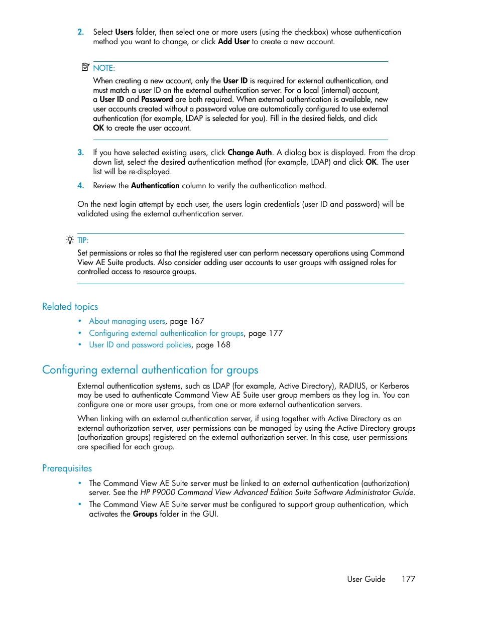 Configuring external authentication for groups | HP XP Array Manager Software User Manual | Page 177 / 238