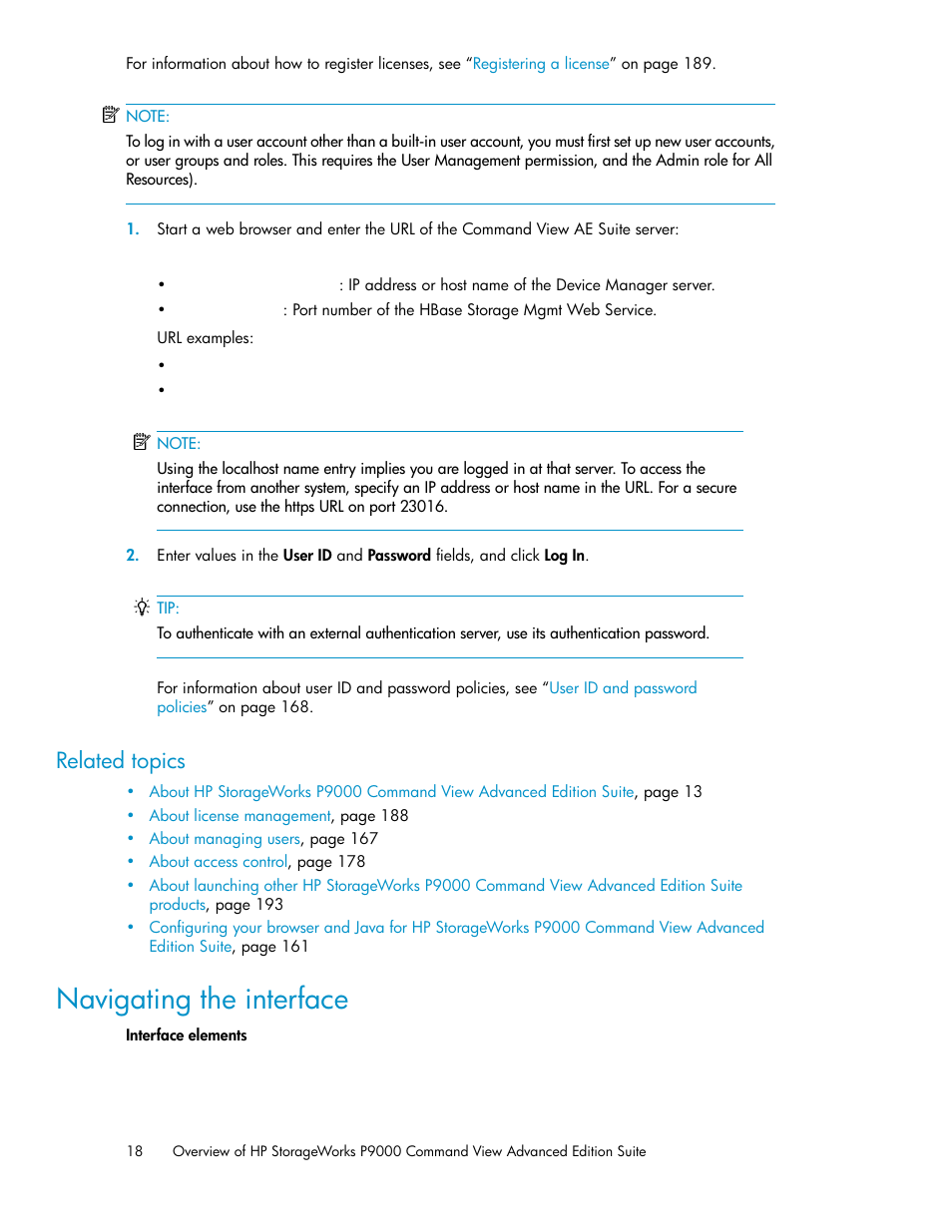 Navigating the interface, Related topics | HP XP Array Manager Software User Manual | Page 18 / 238