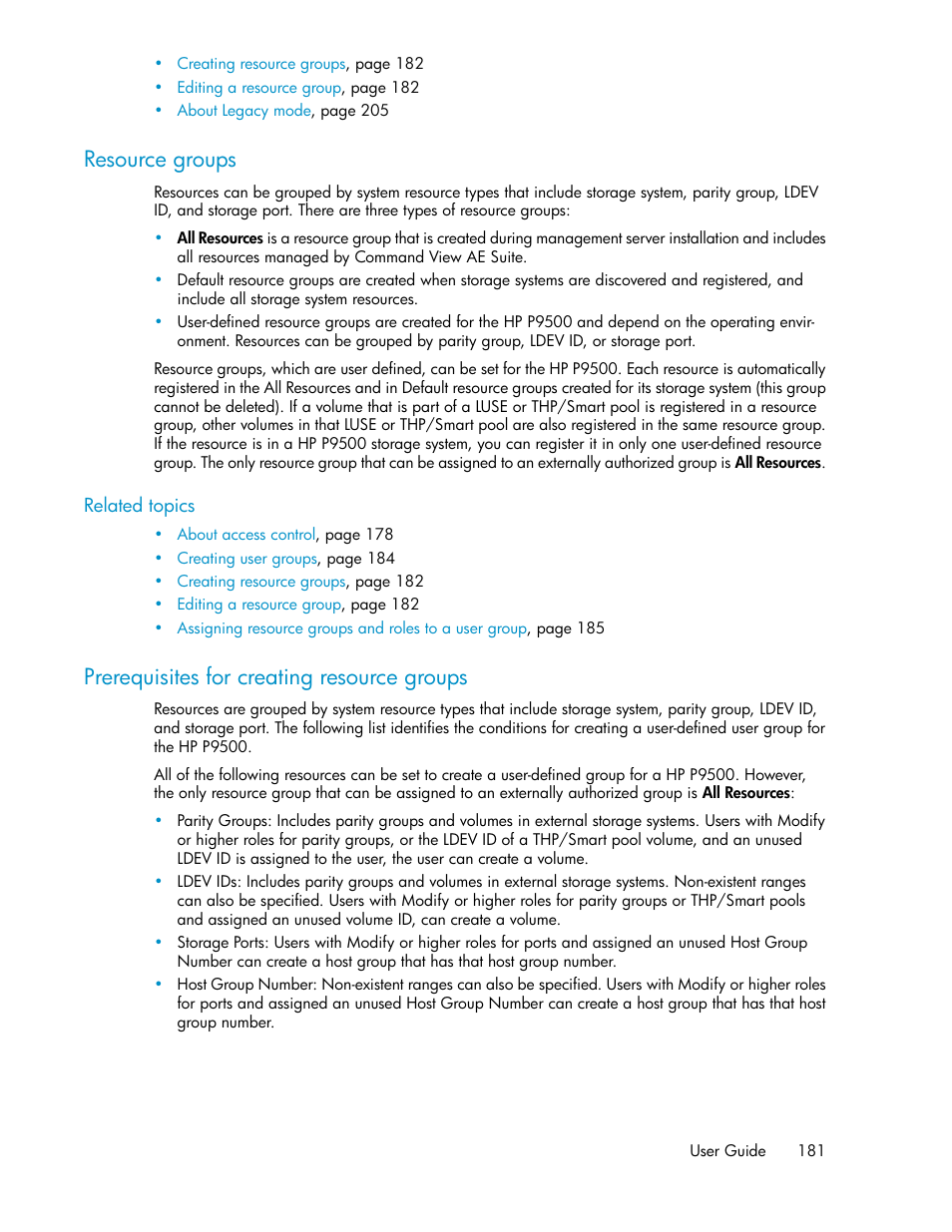 Resource groups, Prerequisites for creating resource groups, 181 prerequisites for creating resource groups | HP XP Array Manager Software User Manual | Page 181 / 238