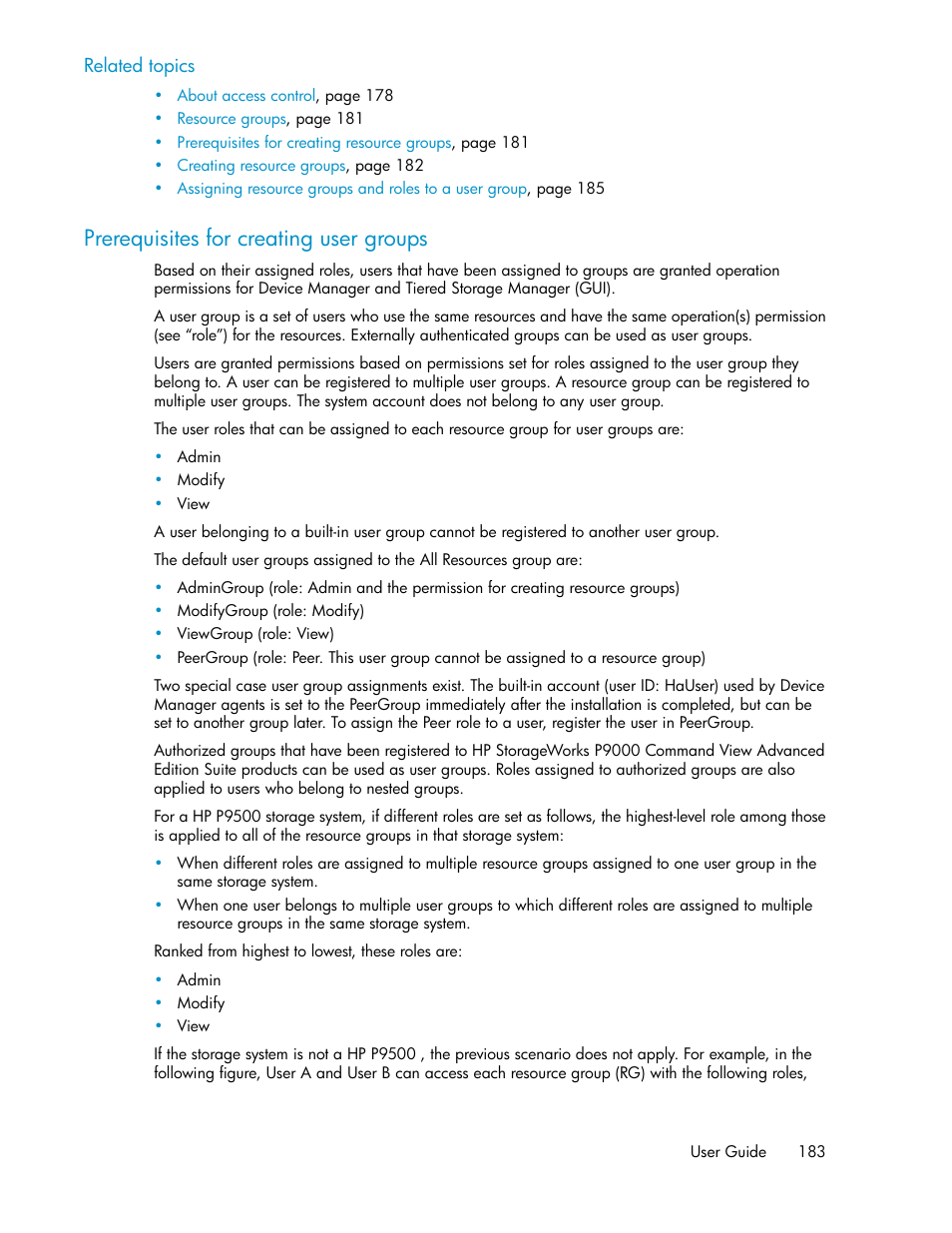 Prerequisites for creating user groups | HP XP Array Manager Software User Manual | Page 183 / 238