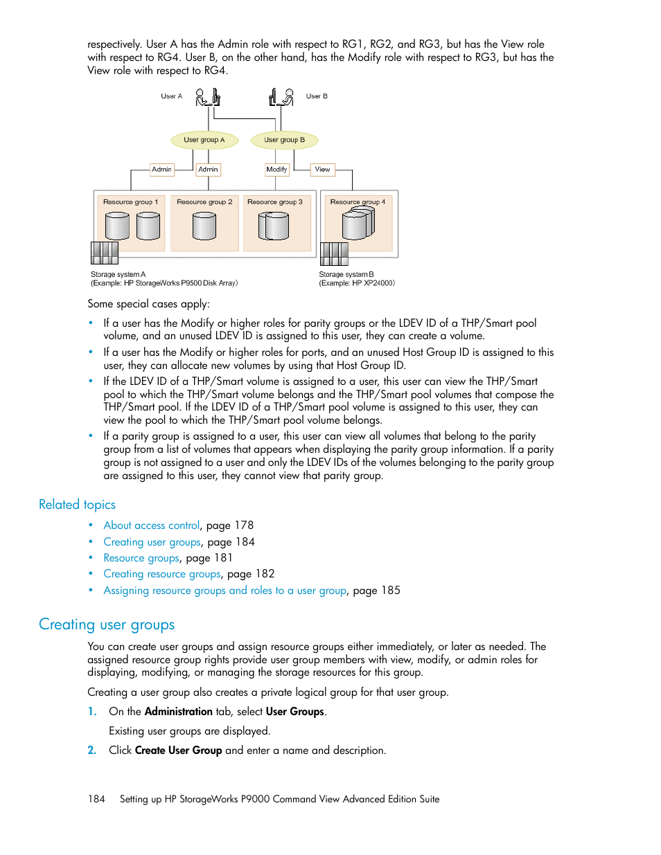 Creating user groups, Creating user, Groups | HP XP Array Manager Software User Manual | Page 184 / 238