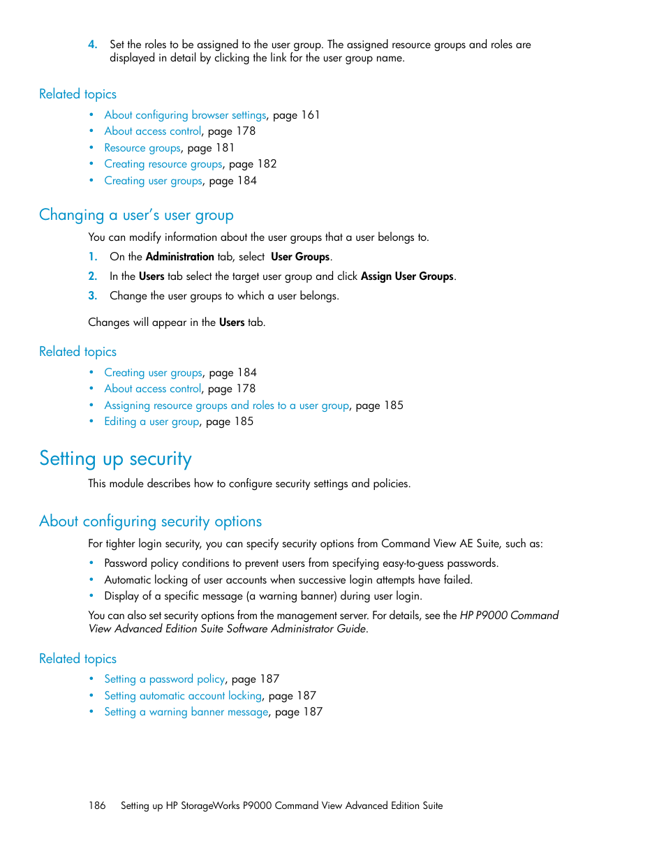 Changing a user’s user group, Setting up security, About configuring security options | HP XP Array Manager Software User Manual | Page 186 / 238