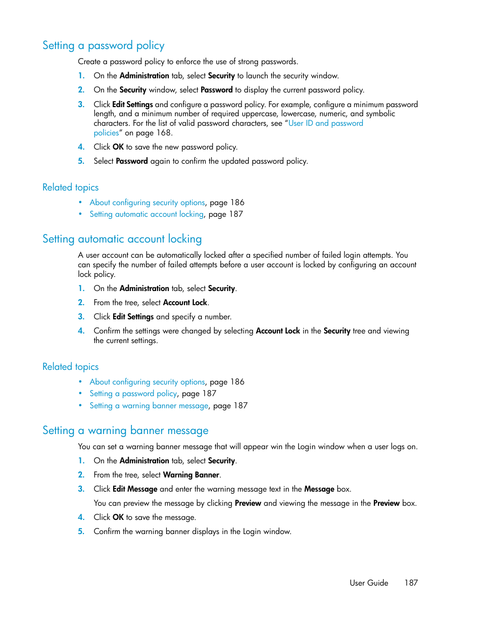 Setting a password policy, Setting automatic account locking, Setting a warning banner message | 187 setting automatic account locking, 187 setting a warning banner message | HP XP Array Manager Software User Manual | Page 187 / 238