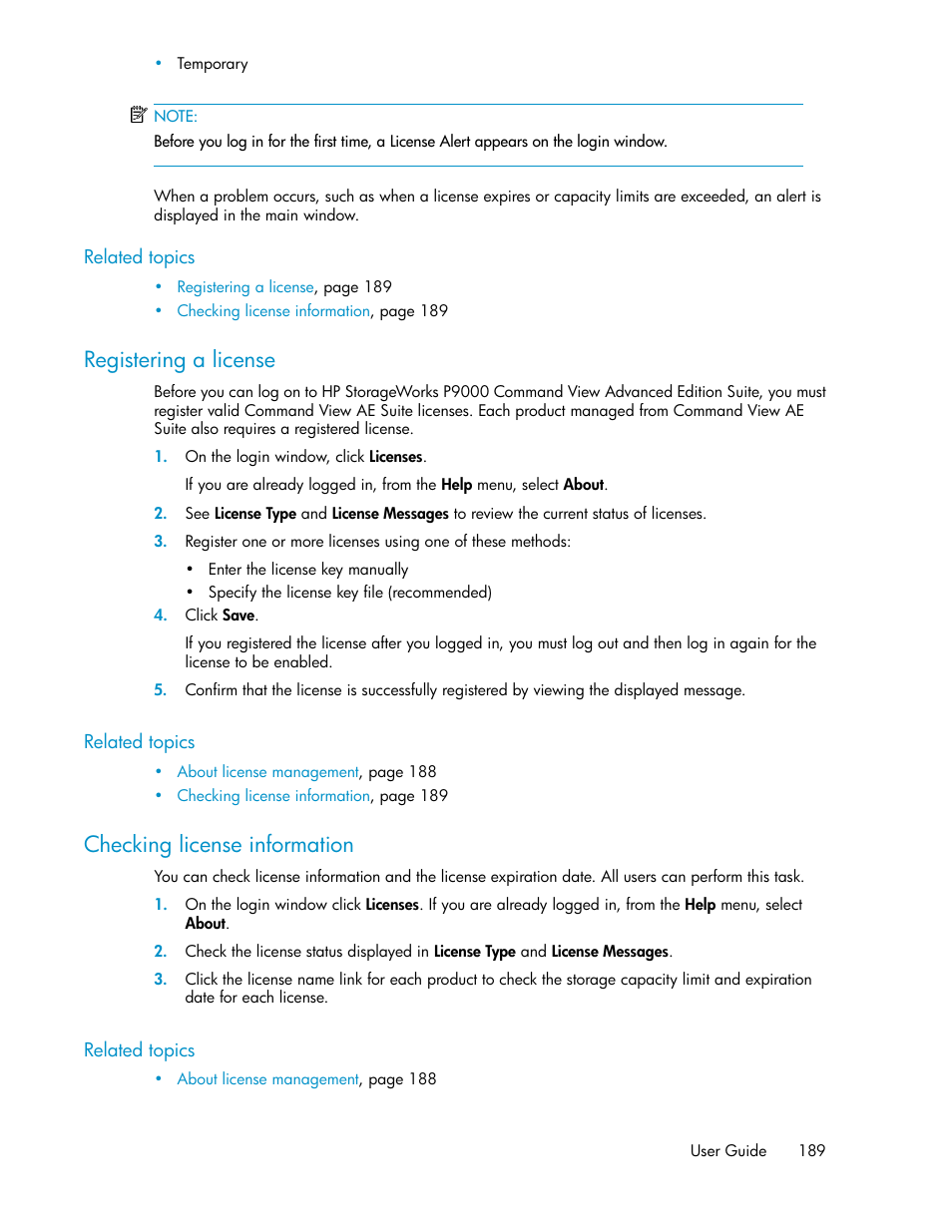 Registering a license, Checking license information, 189 checking license information | HP XP Array Manager Software User Manual | Page 189 / 238