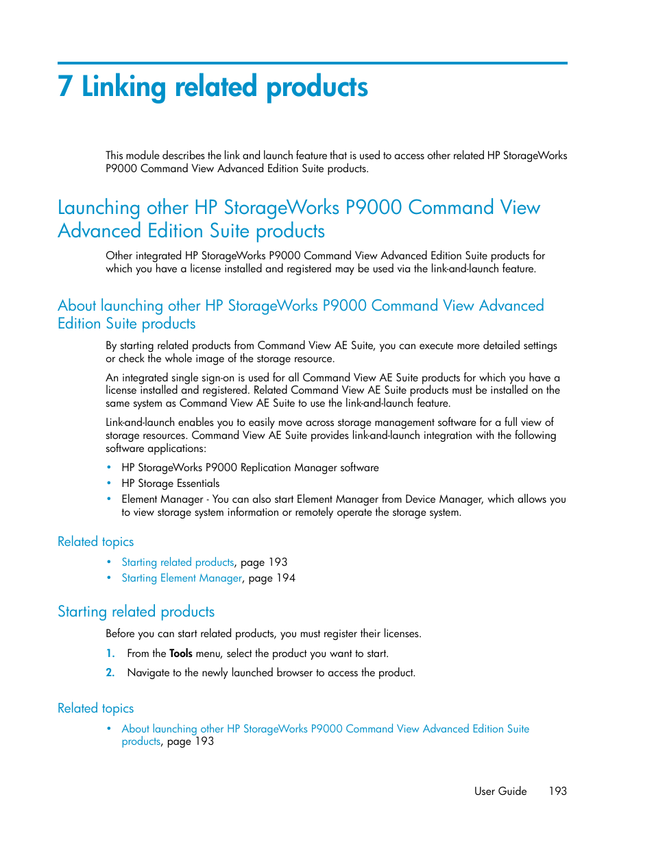 7 linking related products, Starting related products, 193 starting related products | Products | HP XP Array Manager Software User Manual | Page 193 / 238