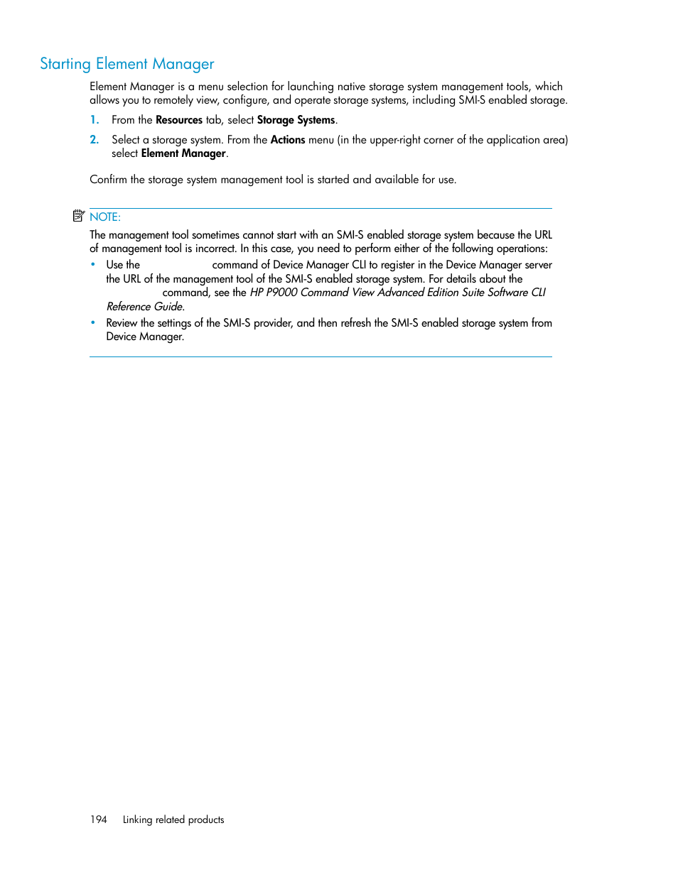 Starting element manager | HP XP Array Manager Software User Manual | Page 194 / 238