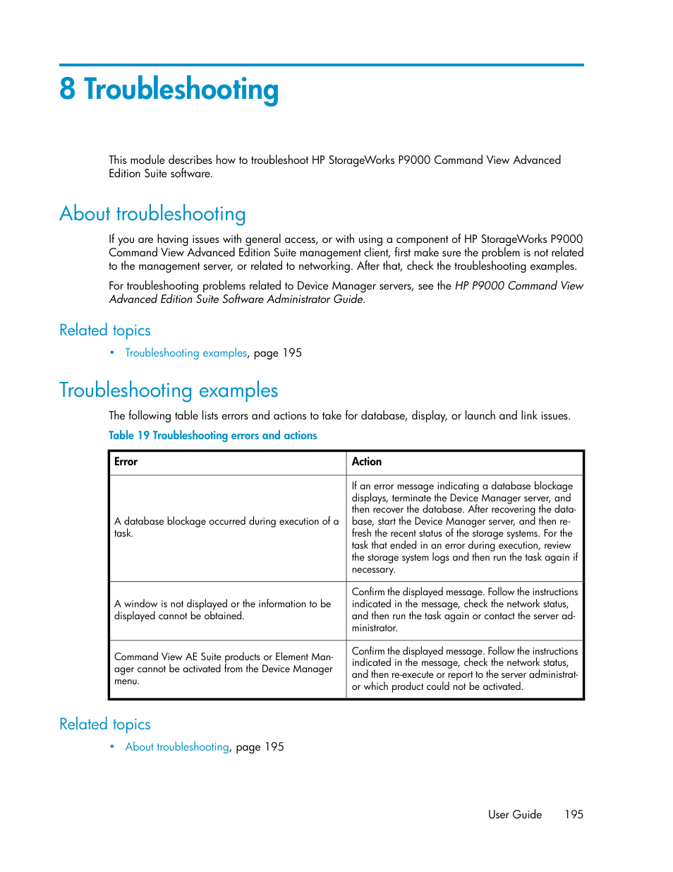 8 troubleshooting, About troubleshooting, Troubleshooting examples | 195 troubleshooting examples, Troubleshooting errors and actions, Related topics | HP XP Array Manager Software User Manual | Page 195 / 238