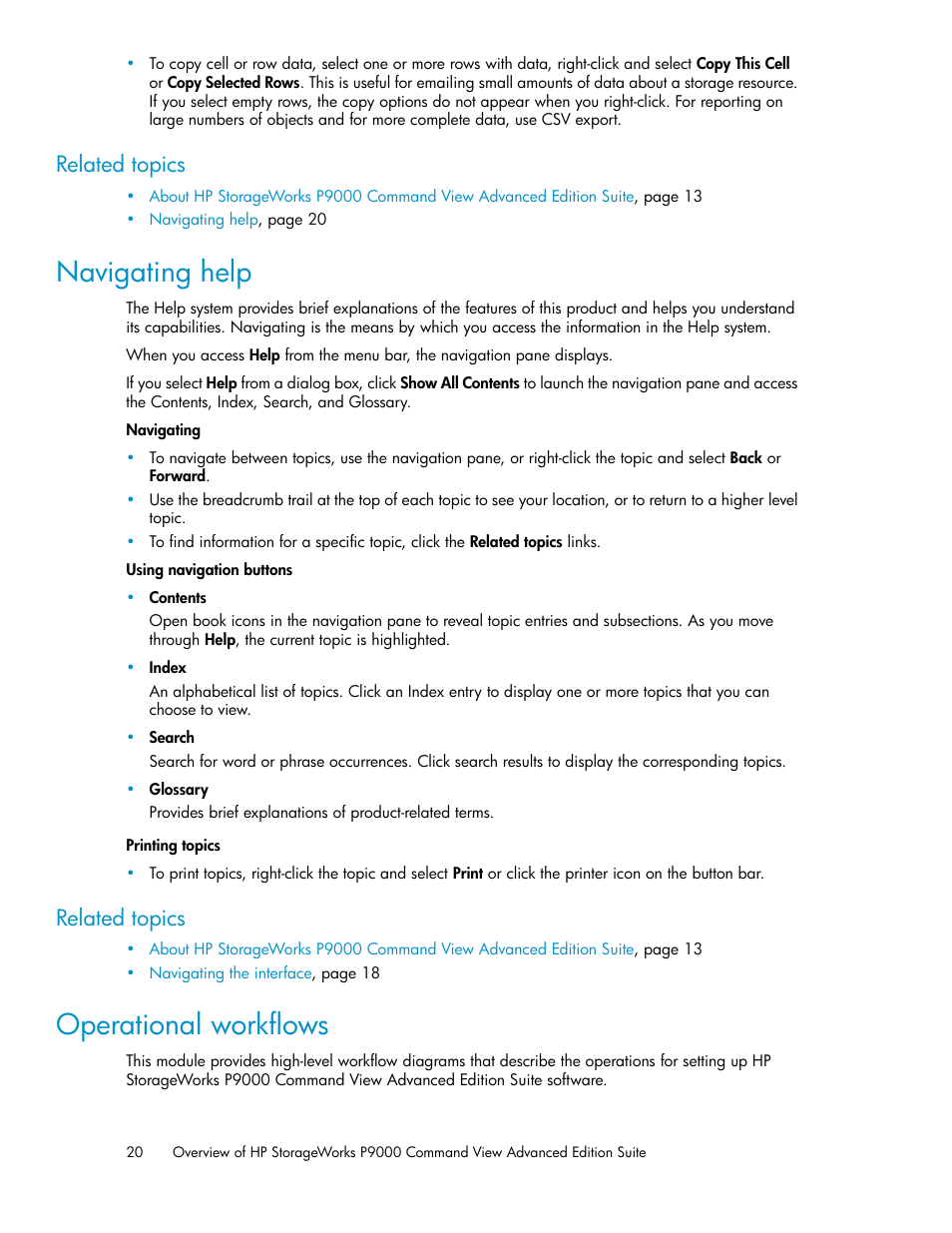 Navigating help, Operational workflows, 20 operational workflows | Related topics | HP XP Array Manager Software User Manual | Page 20 / 238