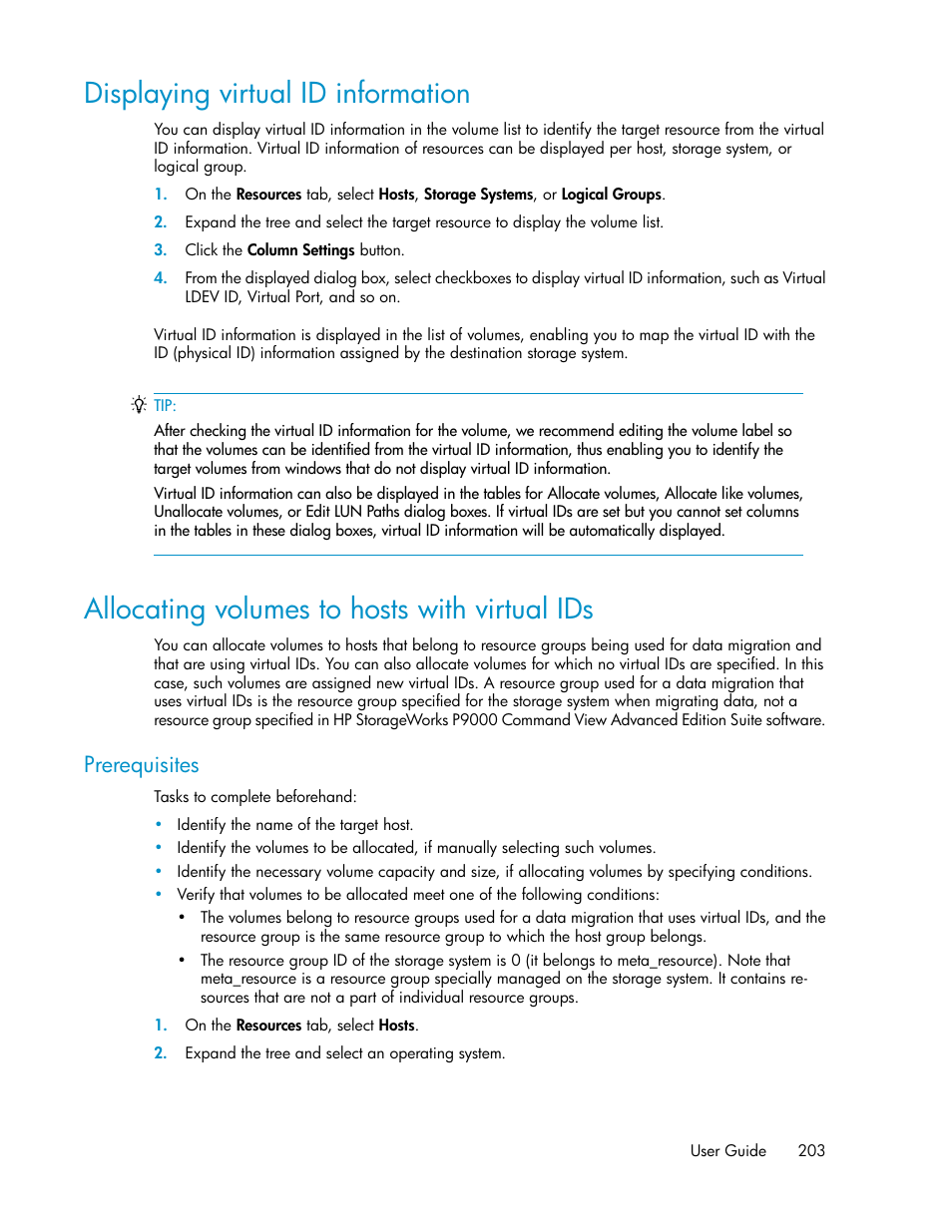 Displaying virtual id information, Allocating volumes to hosts with virtual ids, 203 allocating volumes to hosts with virtual ids | Prerequisites | HP XP Array Manager Software User Manual | Page 203 / 238