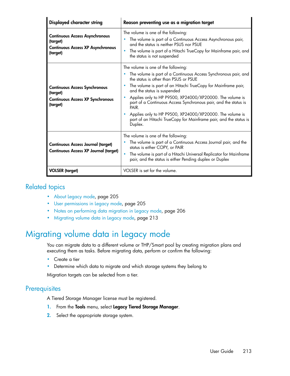 Migrating volume data in legacy mode, Related topics, Prerequisites | HP XP Array Manager Software User Manual | Page 213 / 238