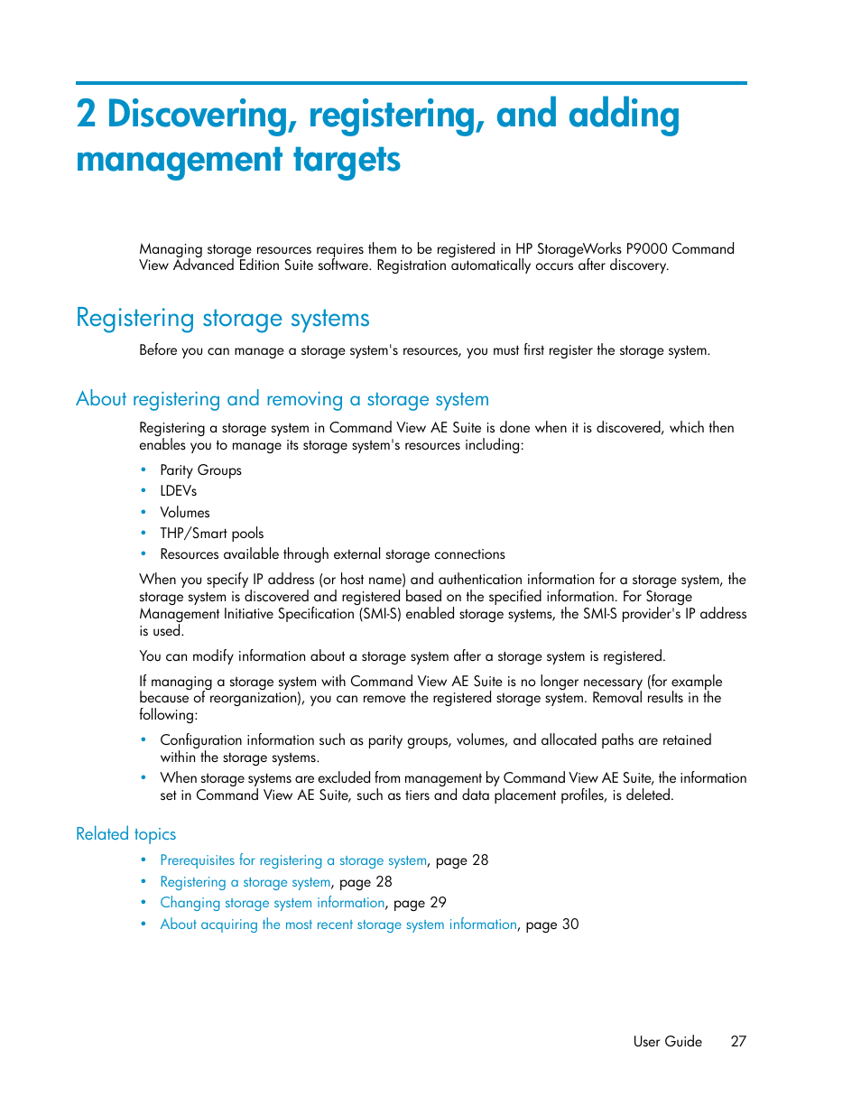 Registering storage systems, About registering and removing a storage system | HP XP Array Manager Software User Manual | Page 27 / 238