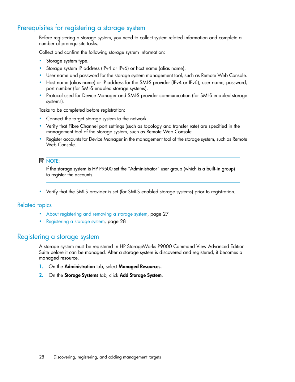 Prerequisites for registering a storage system, Registering a storage system, 28 registering a storage system | HP XP Array Manager Software User Manual | Page 28 / 238