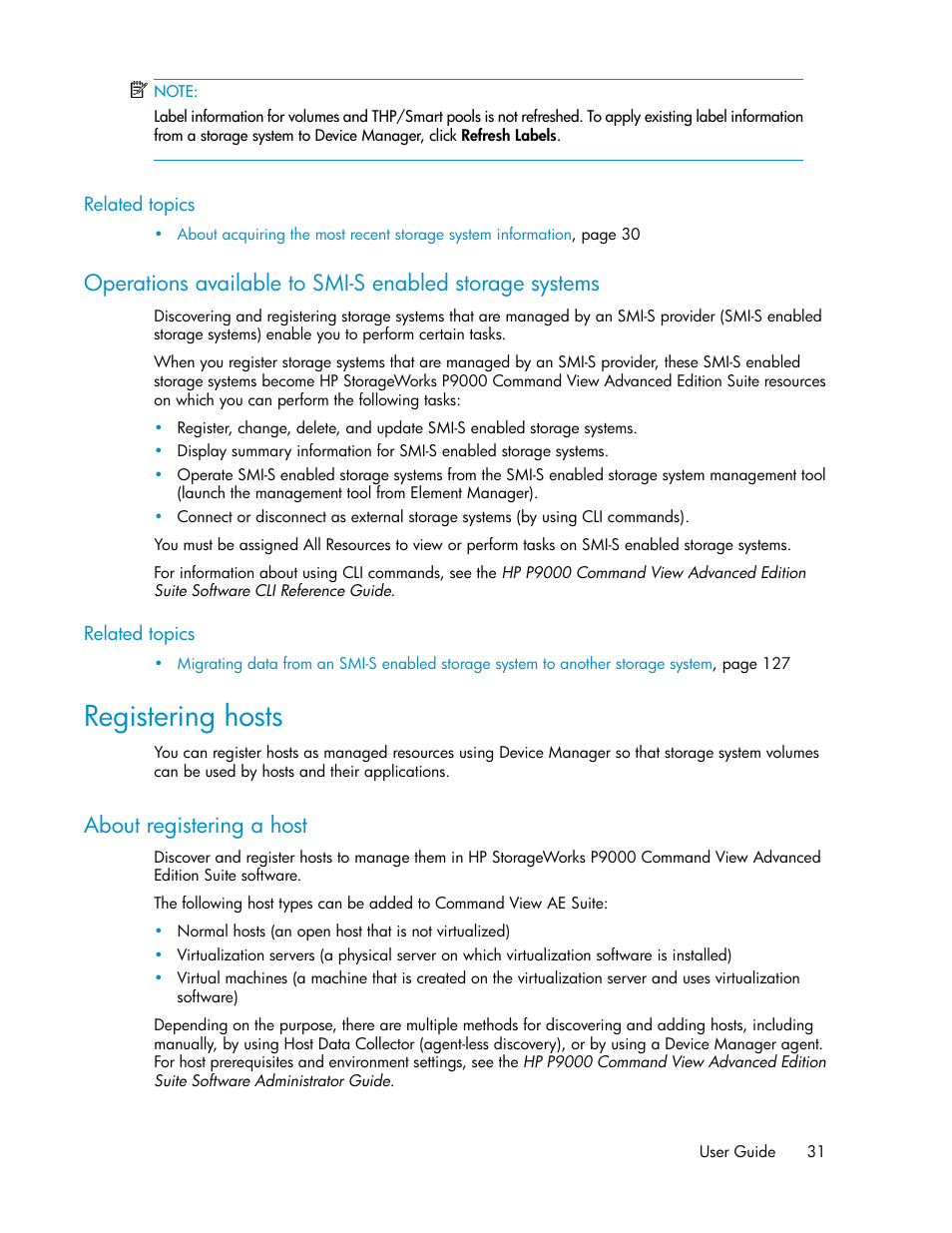 Registering hosts, About registering a host | HP XP Array Manager Software User Manual | Page 31 / 238