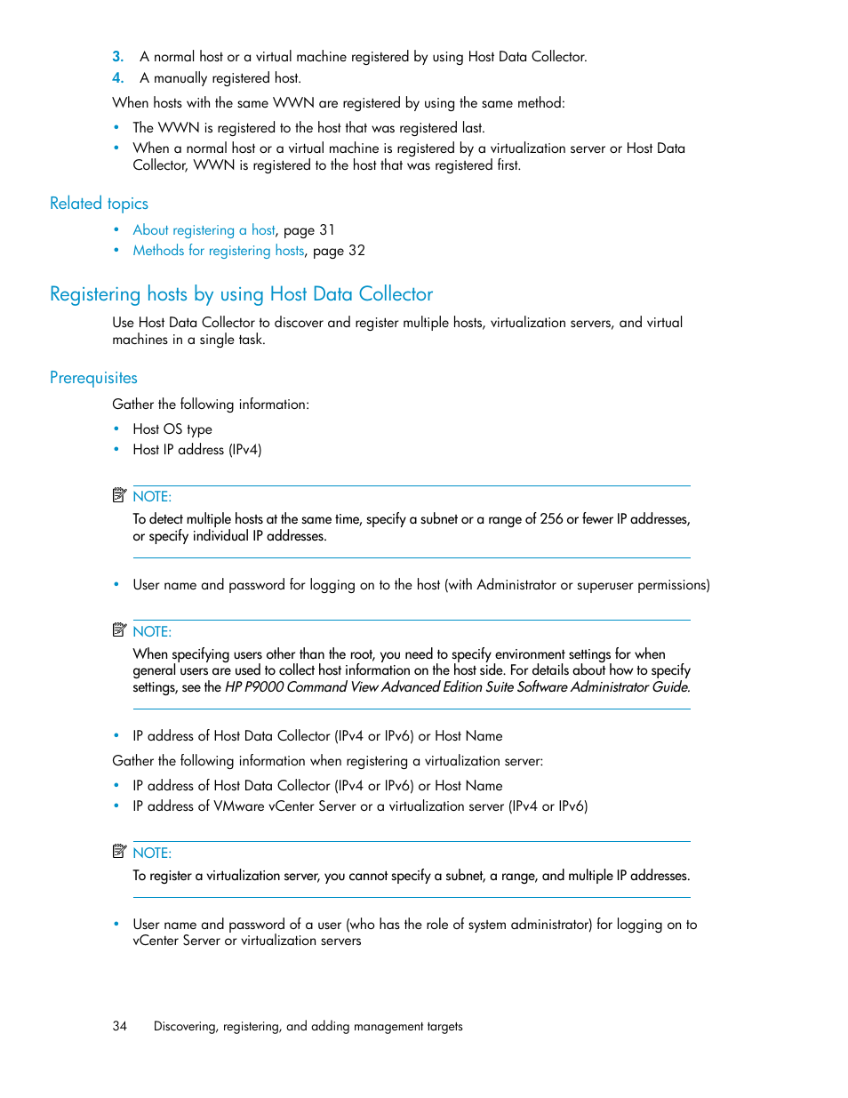 Registering hosts by using host data collector | HP XP Array Manager Software User Manual | Page 34 / 238