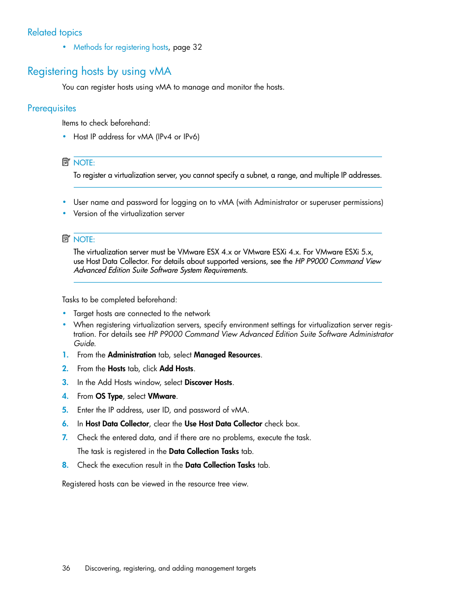 Registering hosts by using vma | HP XP Array Manager Software User Manual | Page 36 / 238