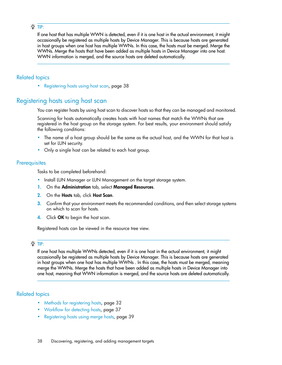 Registering hosts using host scan | HP XP Array Manager Software User Manual | Page 38 / 238