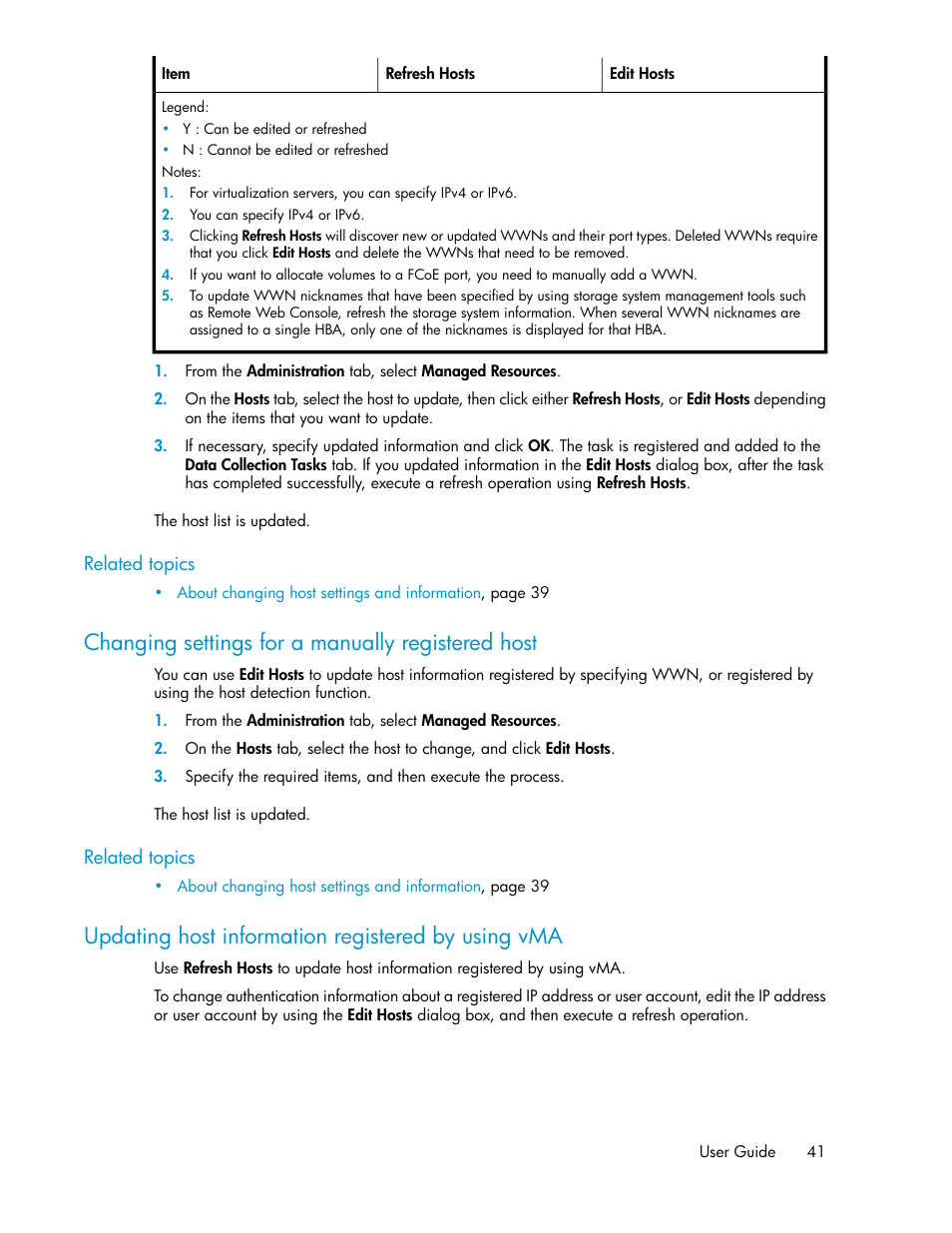 Changing settings for a manually registered host, Updating host information registered by using vma | HP XP Array Manager Software User Manual | Page 41 / 238