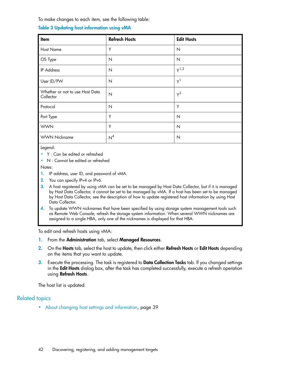 Updating host information using vma, Related topics | HP XP Array Manager Software User Manual | Page 42 / 238