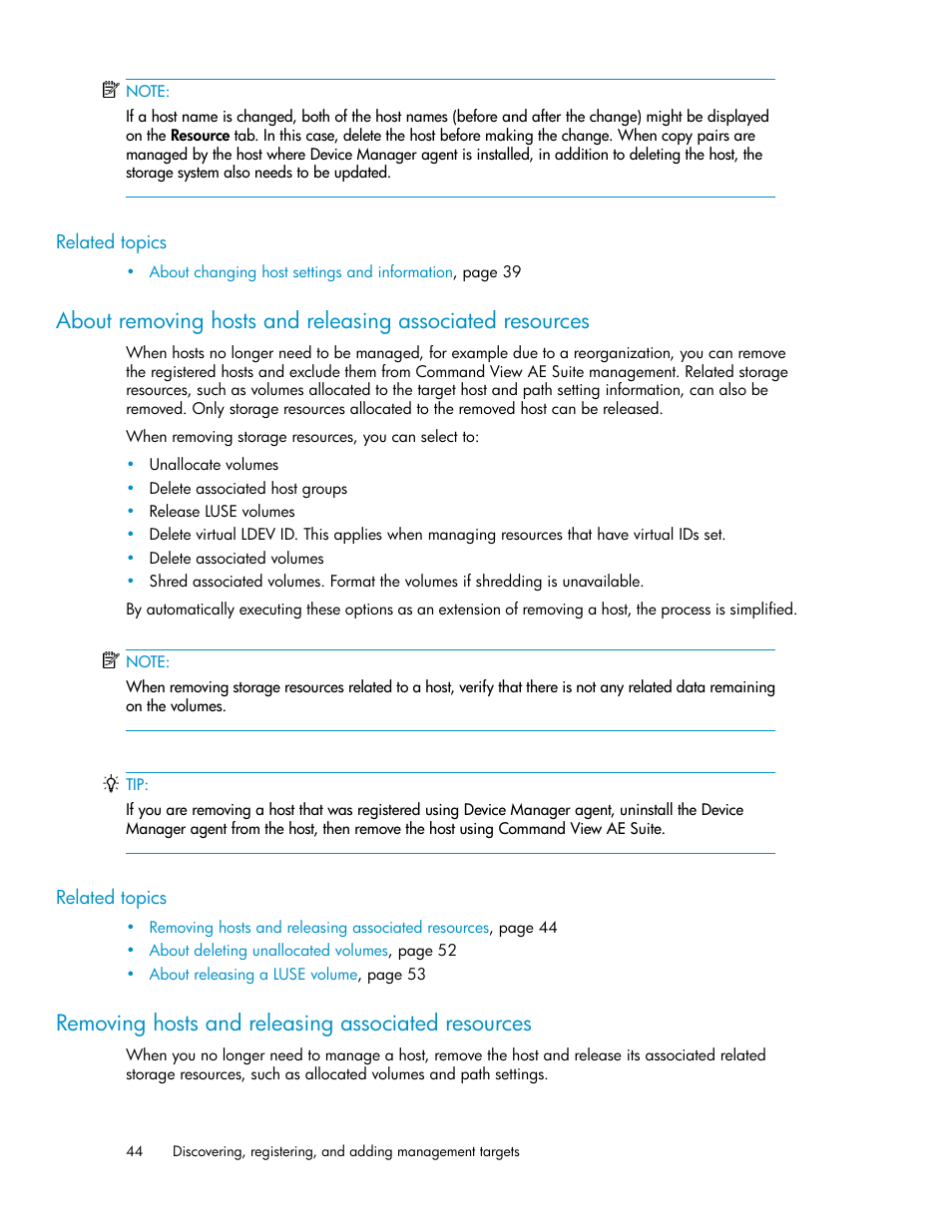 Removing hosts and releasing associated resources | HP XP Array Manager Software User Manual | Page 44 / 238