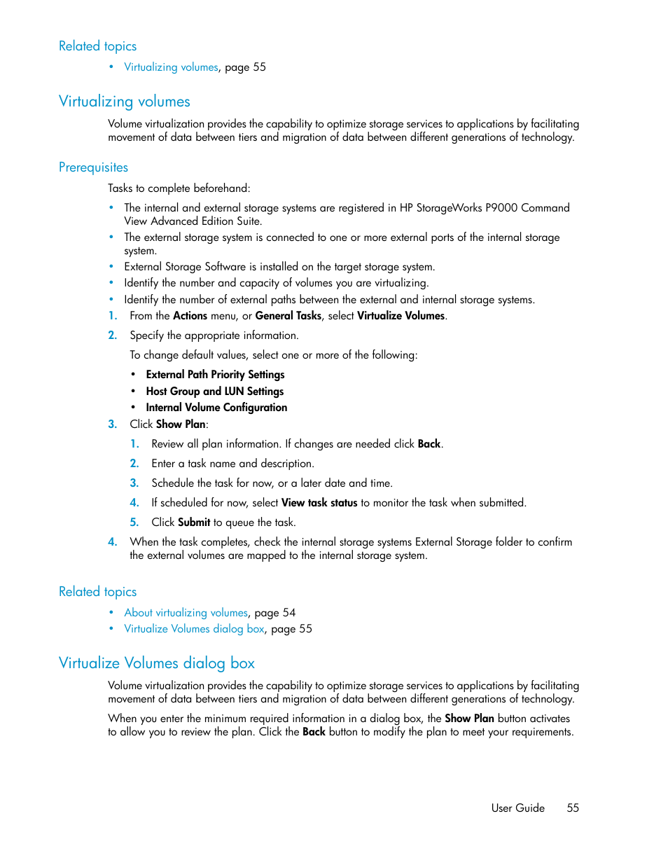 Virtualizing volumes, Virtualize volumes dialog box, 55 virtualize volumes dialog box | HP XP Array Manager Software User Manual | Page 55 / 238