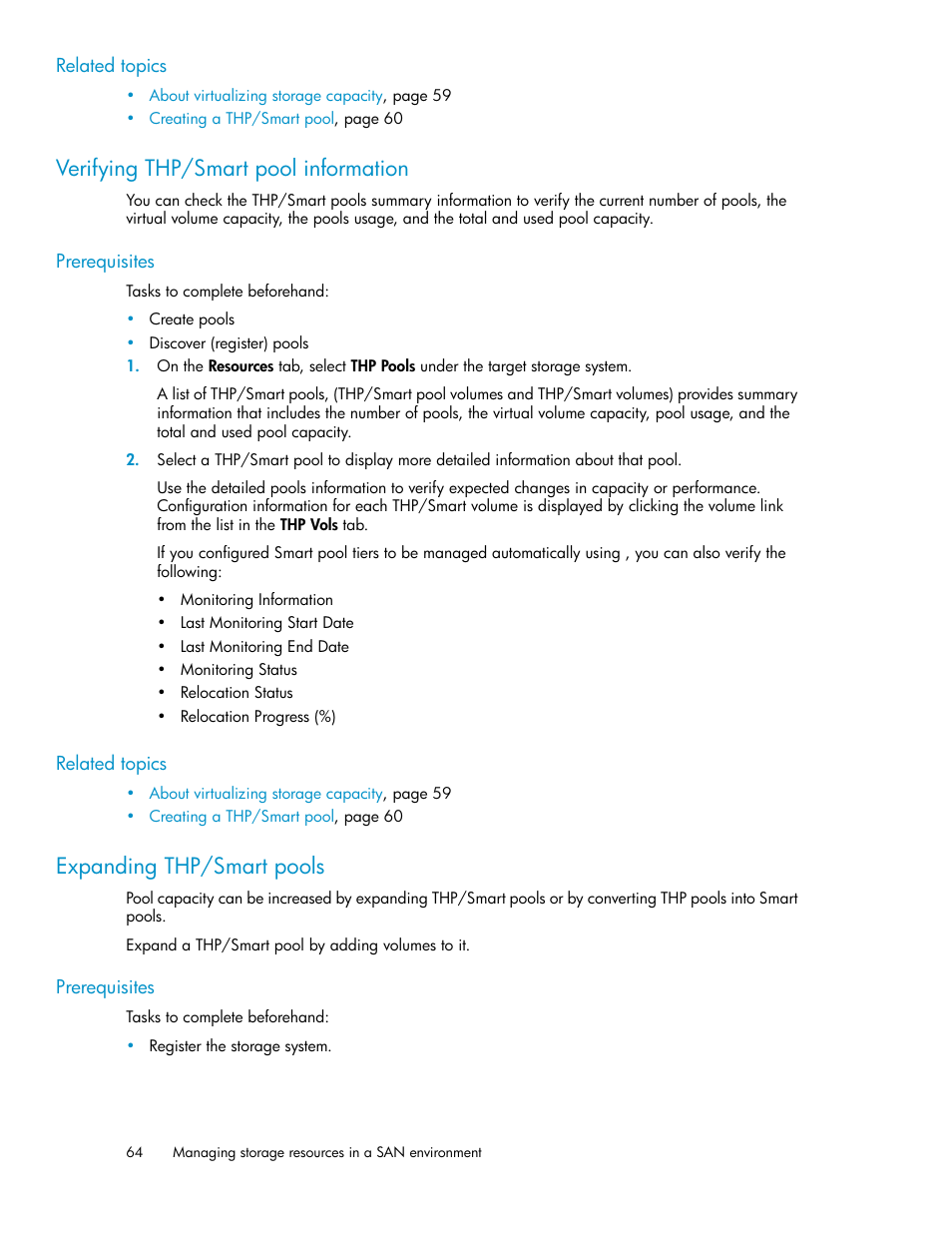 Verifying thp/smart pool information, Expanding thp/smart pools, 64 expanding thp/smart pools | HP XP Array Manager Software User Manual | Page 64 / 238