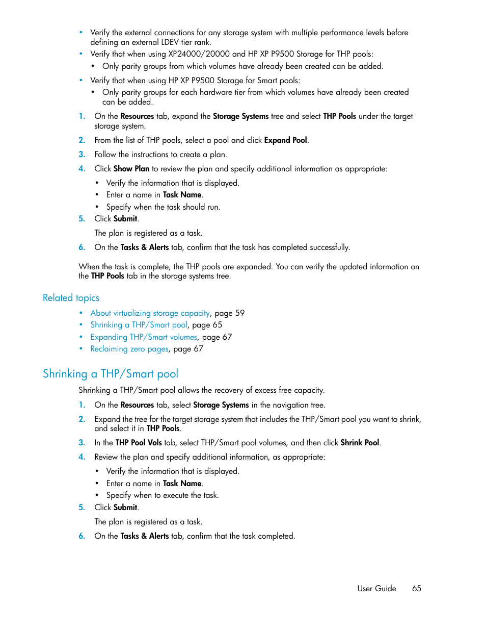 Shrinking a thp/smart pool | HP XP Array Manager Software User Manual | Page 65 / 238