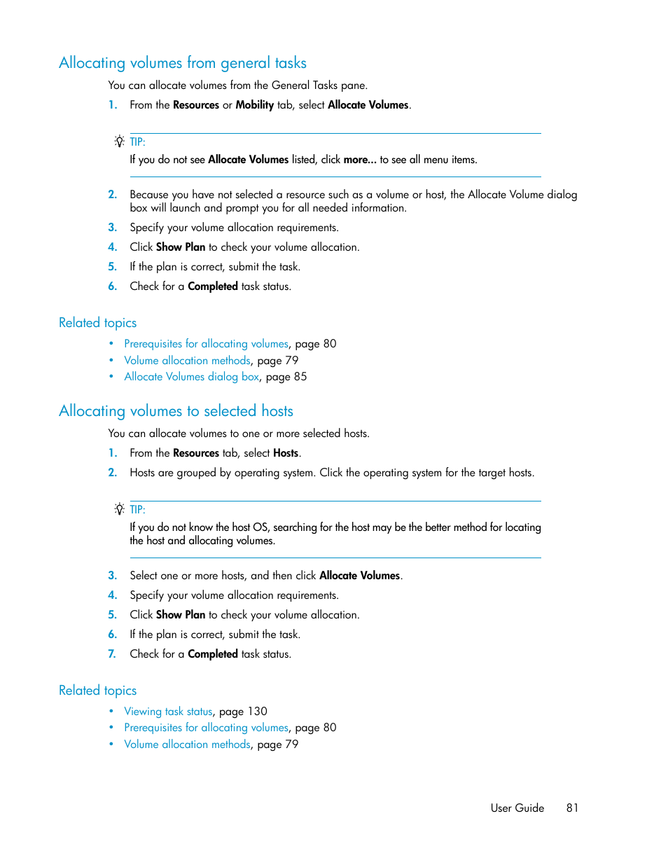 Allocating volumes from general tasks, Allocating volumes to selected hosts, 81 allocating volumes to selected hosts | HP XP Array Manager Software User Manual | Page 81 / 238