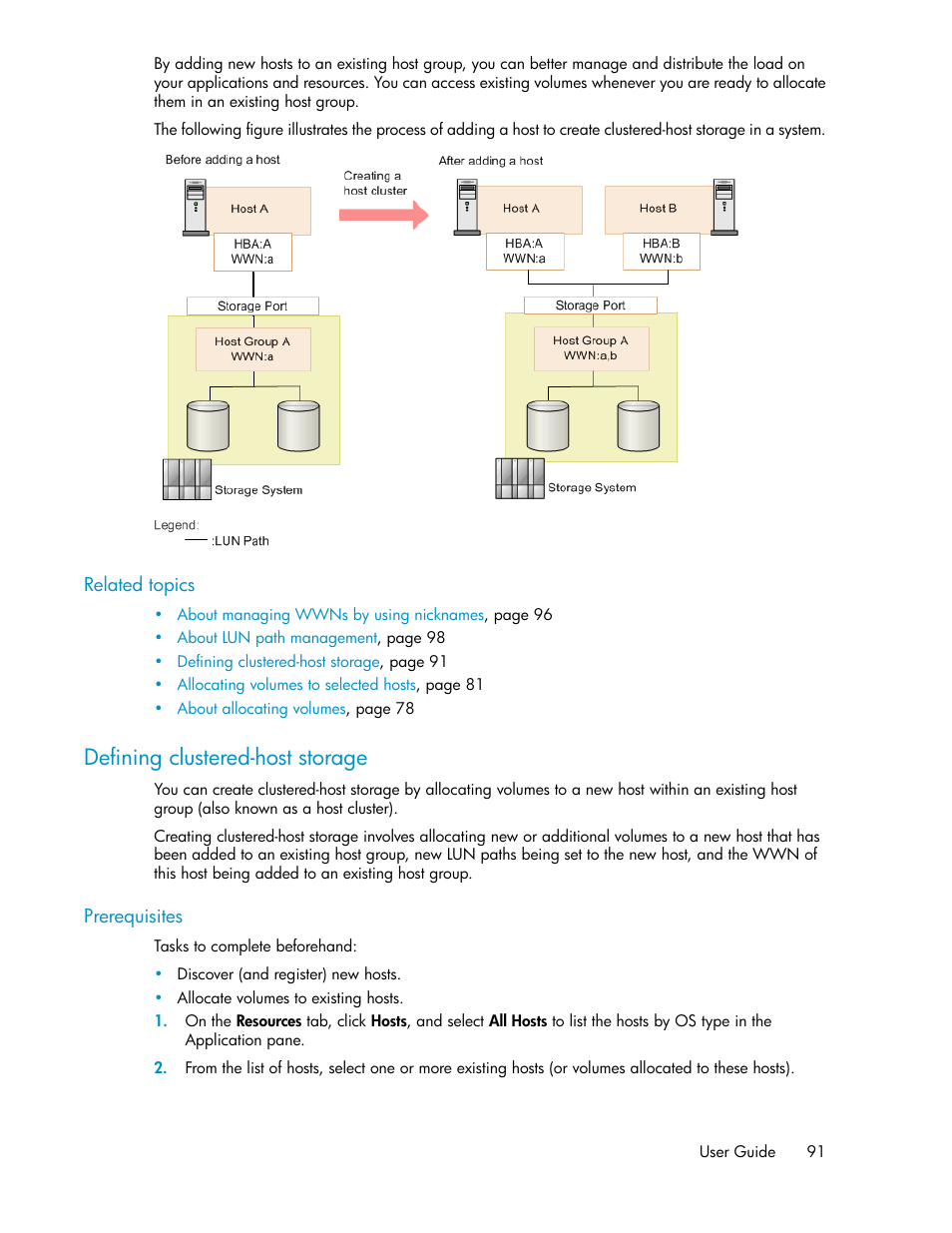 Defining clustered-host storage | HP XP Array Manager Software User Manual | Page 91 / 238