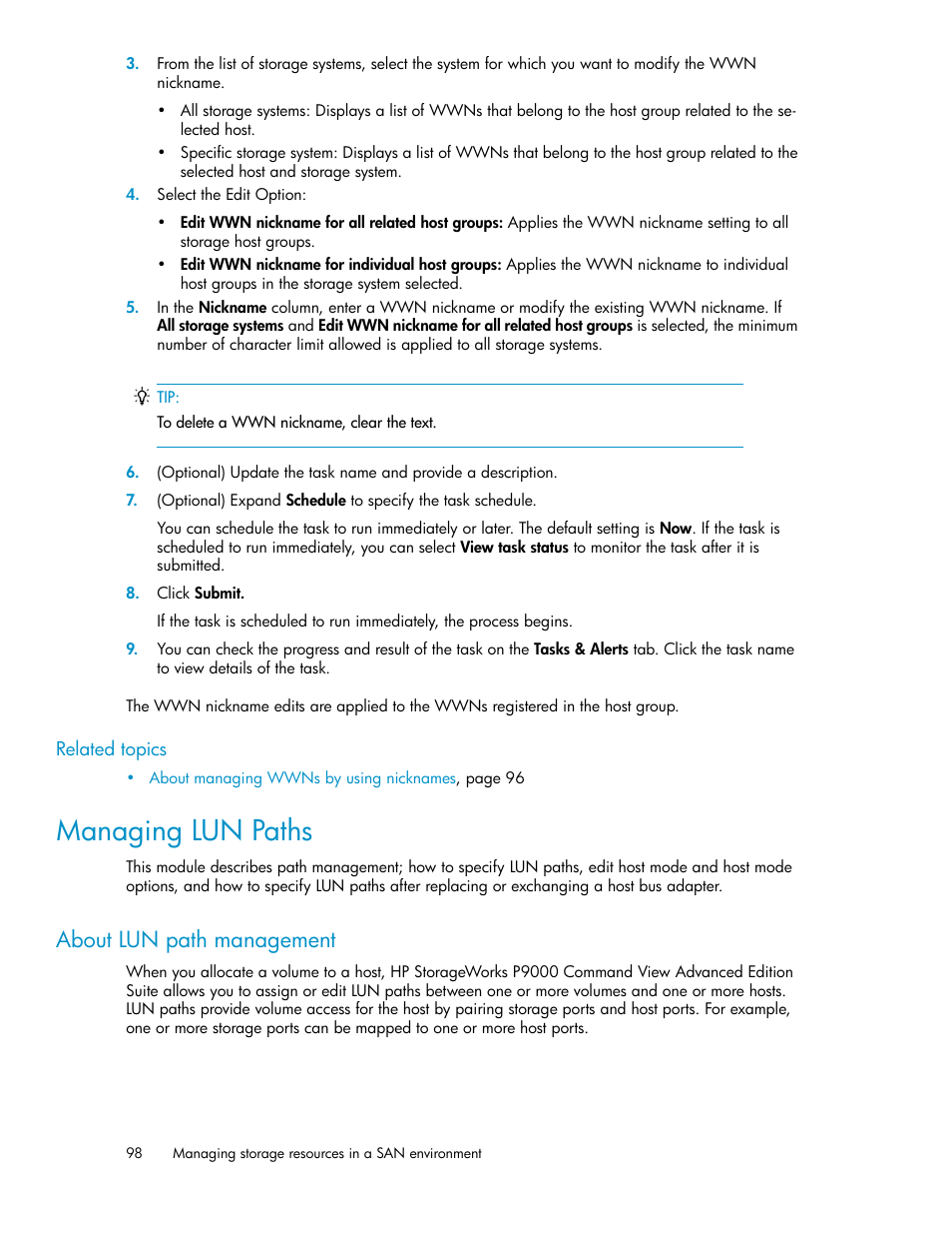 Managing lun paths, About lun path management | HP XP Array Manager Software User Manual | Page 98 / 238