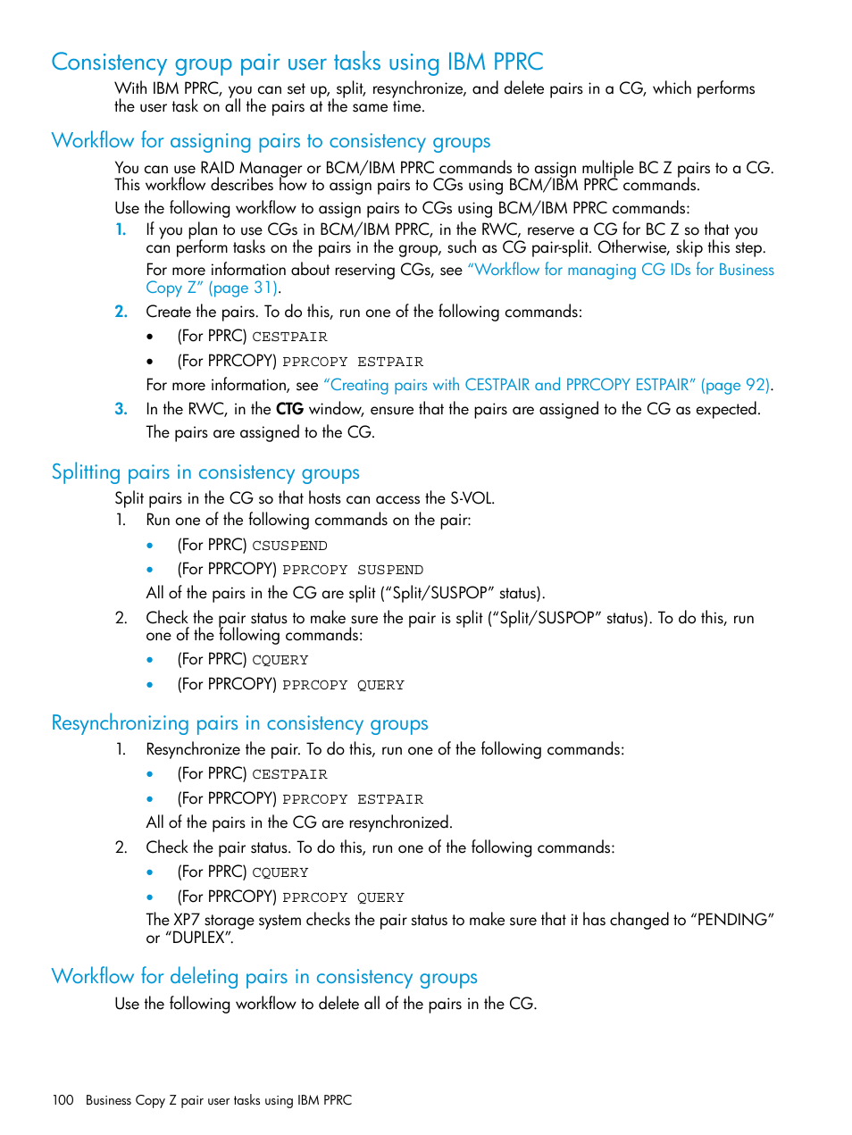 Consistency group pair user tasks using ibm pprc, Workflow for assigning pairs to consistency groups, Splitting pairs in consistency groups | Resynchronizing pairs in consistency groups, Workflow for deleting pairs in consistency groups, Workflow for assigning pairs | HP XP Racks User Manual | Page 100 / 153