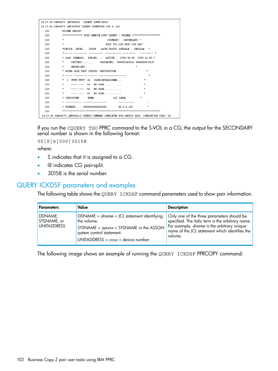 Query ickdsf parameters and examples, Query ickdsf parameters | HP XP Racks User Manual | Page 102 / 153