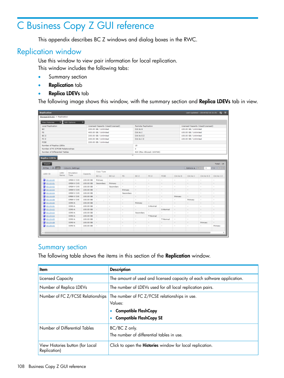 C business copy z gui reference, Replication window | HP XP Racks User Manual | Page 108 / 153