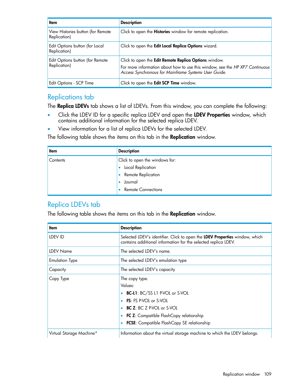 Replications tab, Replica ldevs tab | HP XP Racks User Manual | Page 109 / 153
