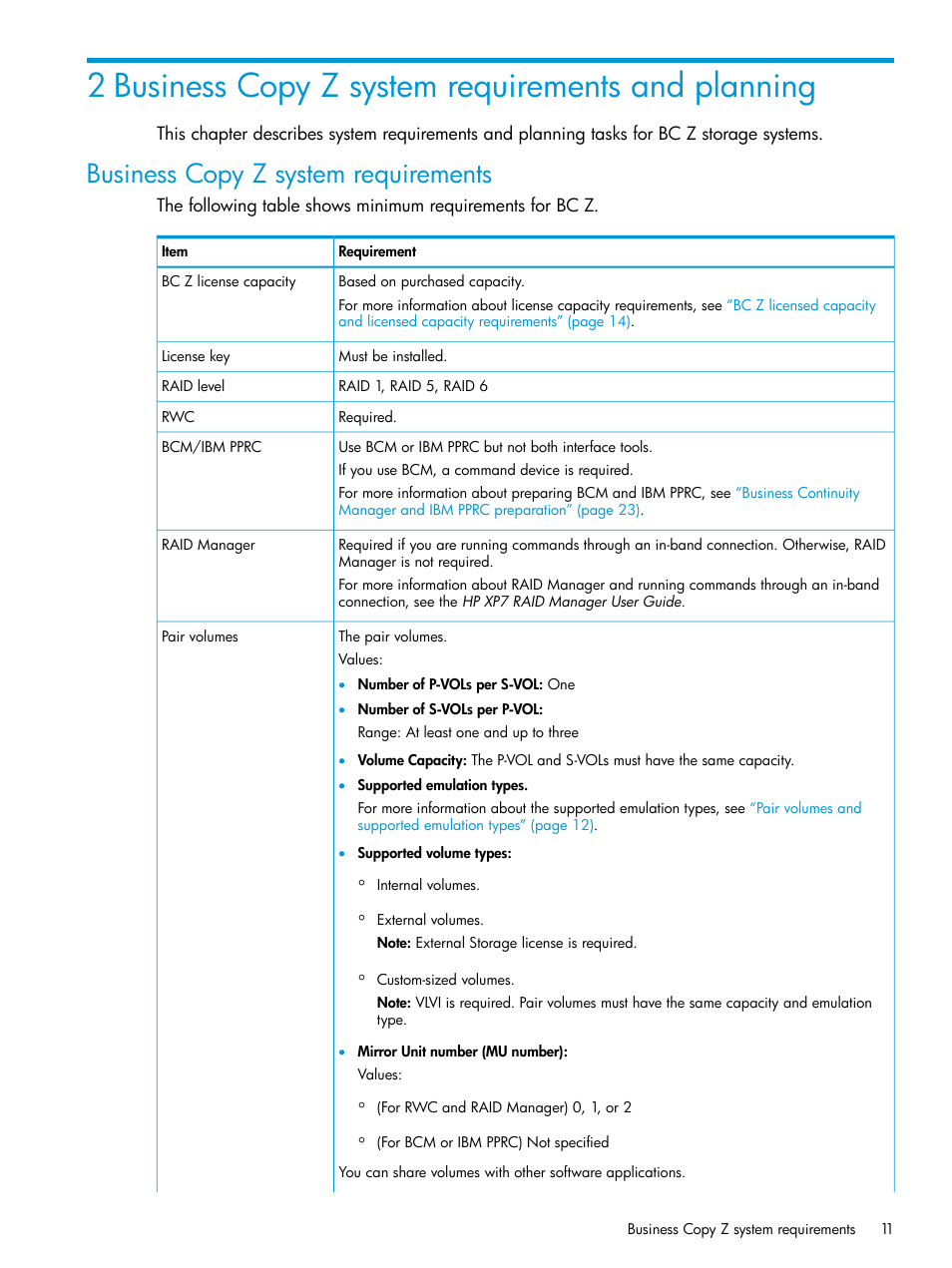 2 business copy z system requirements and planning, Business copy z system requirements | HP XP Racks User Manual | Page 11 / 153