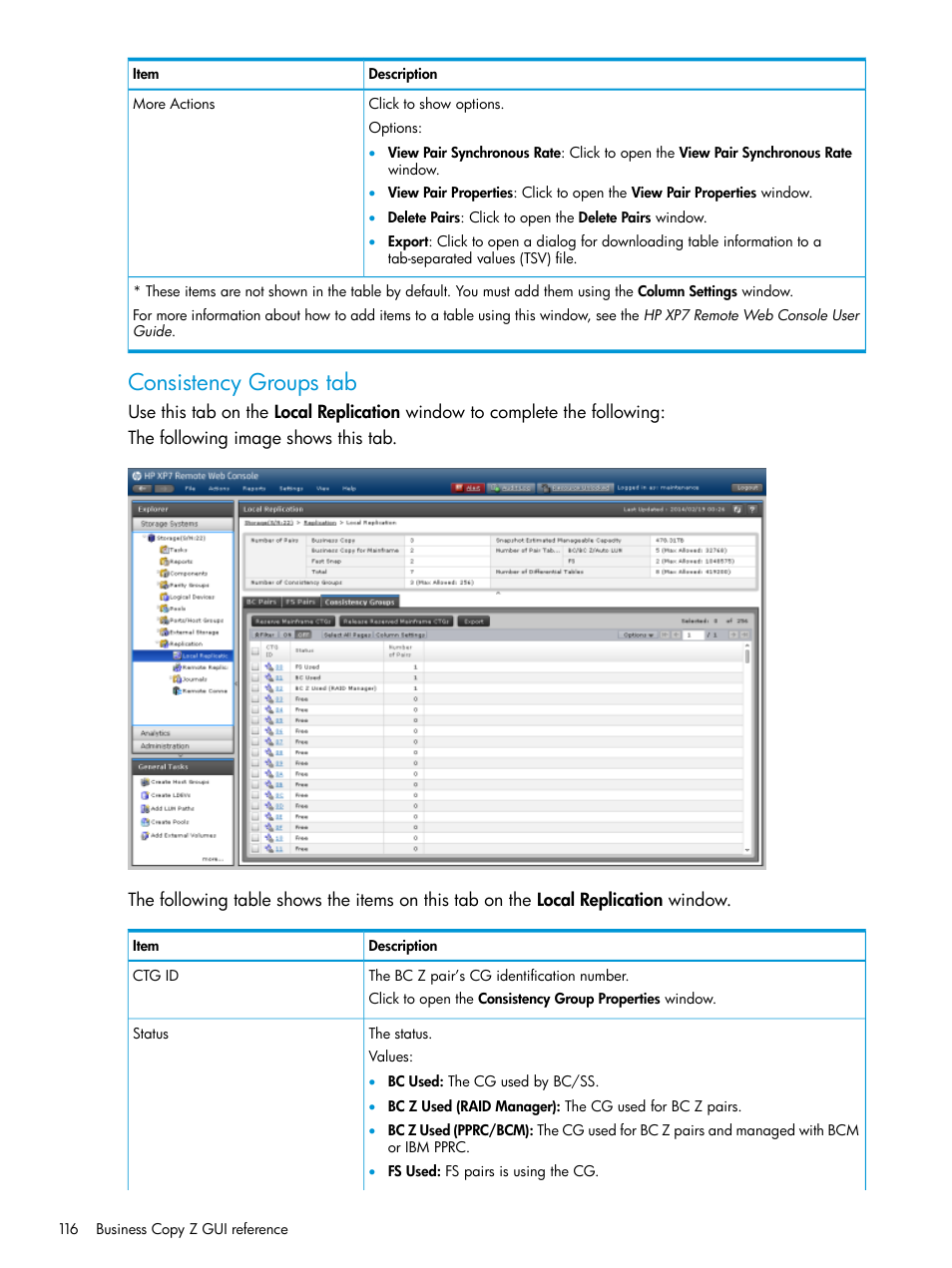 Consistency groups tab | HP XP Racks User Manual | Page 116 / 153