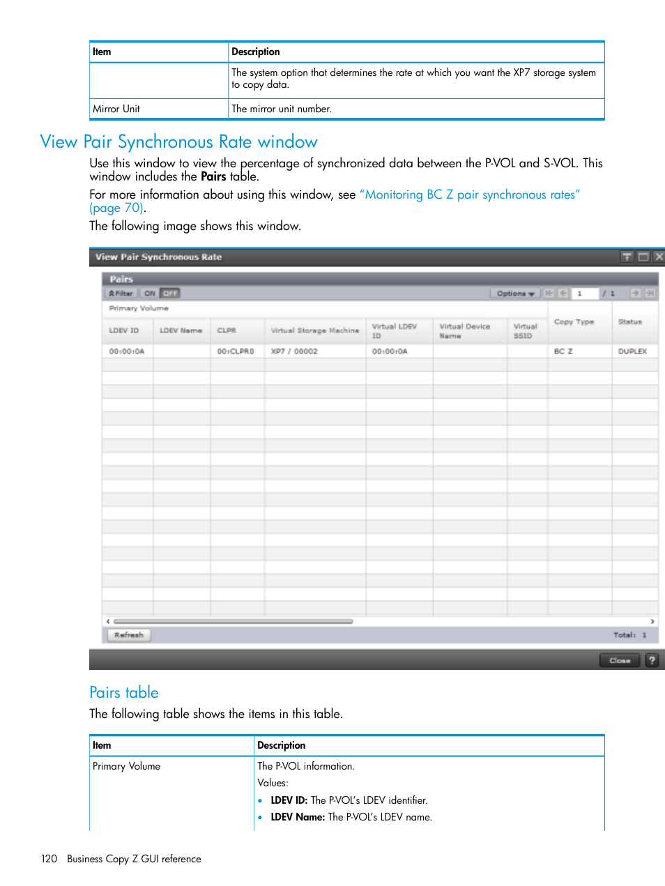 View pair synchronous rate window, Pairs table | HP XP Racks User Manual | Page 120 / 153