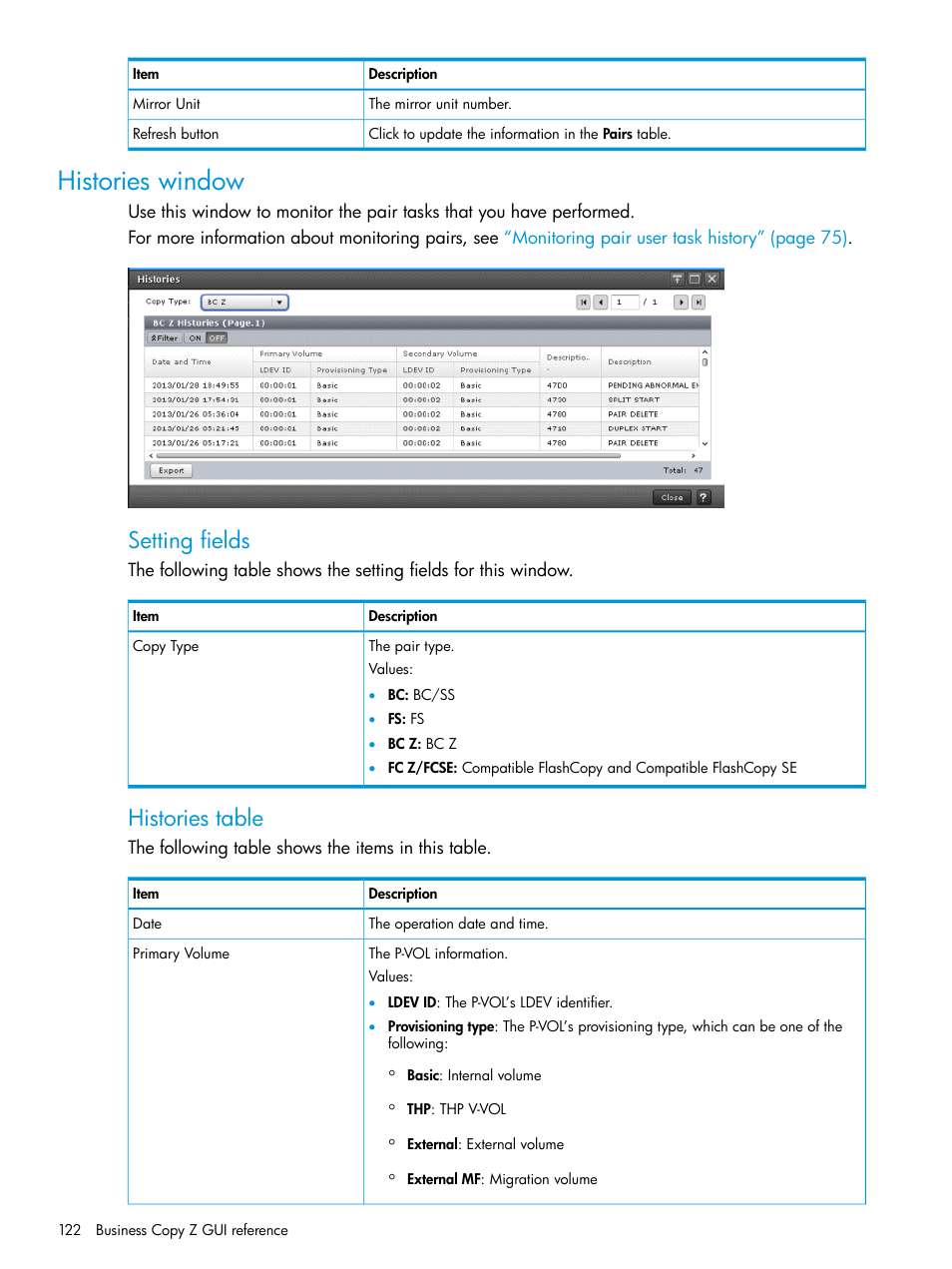 Histories window, Setting fields, Histories table | HP XP Racks User Manual | Page 122 / 153