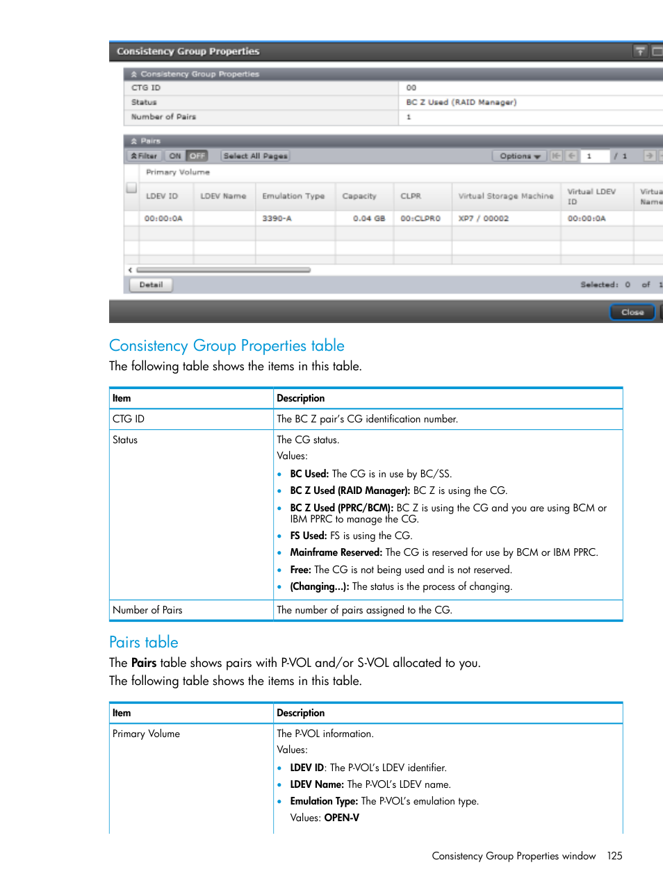 Consistency group properties table, Pairs table | HP XP Racks User Manual | Page 125 / 153