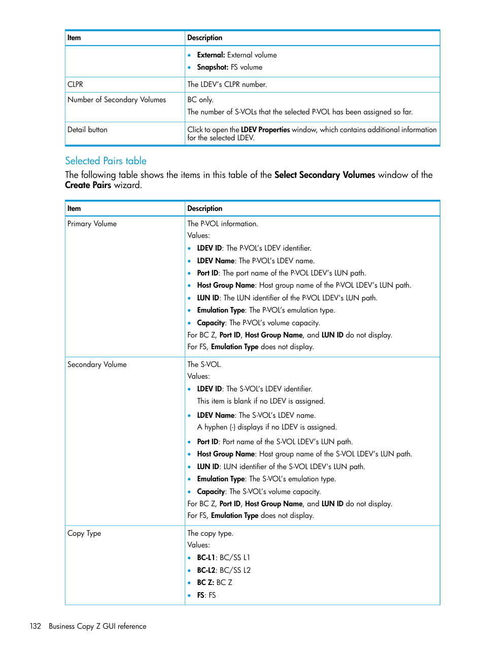 Selected pairs table | HP XP Racks User Manual | Page 132 / 153