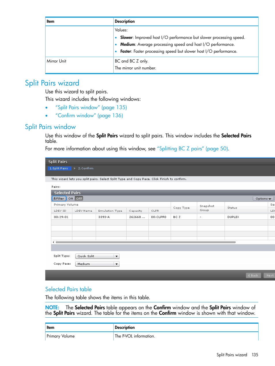 Split pairs wizard, Split pairs window | HP XP Racks User Manual | Page 135 / 153