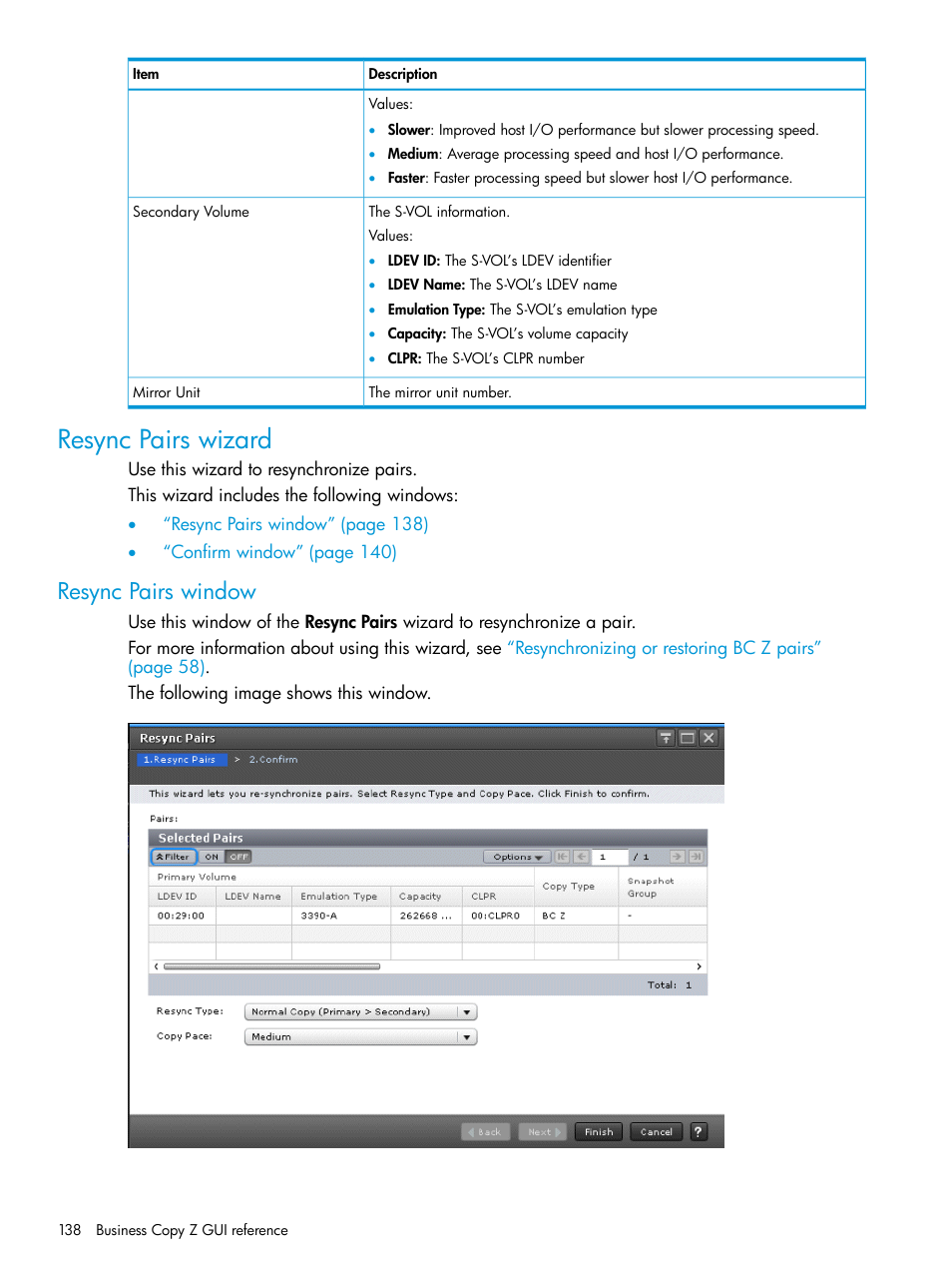 Resync pairs wizard, Resync pairs window | HP XP Racks User Manual | Page 138 / 153