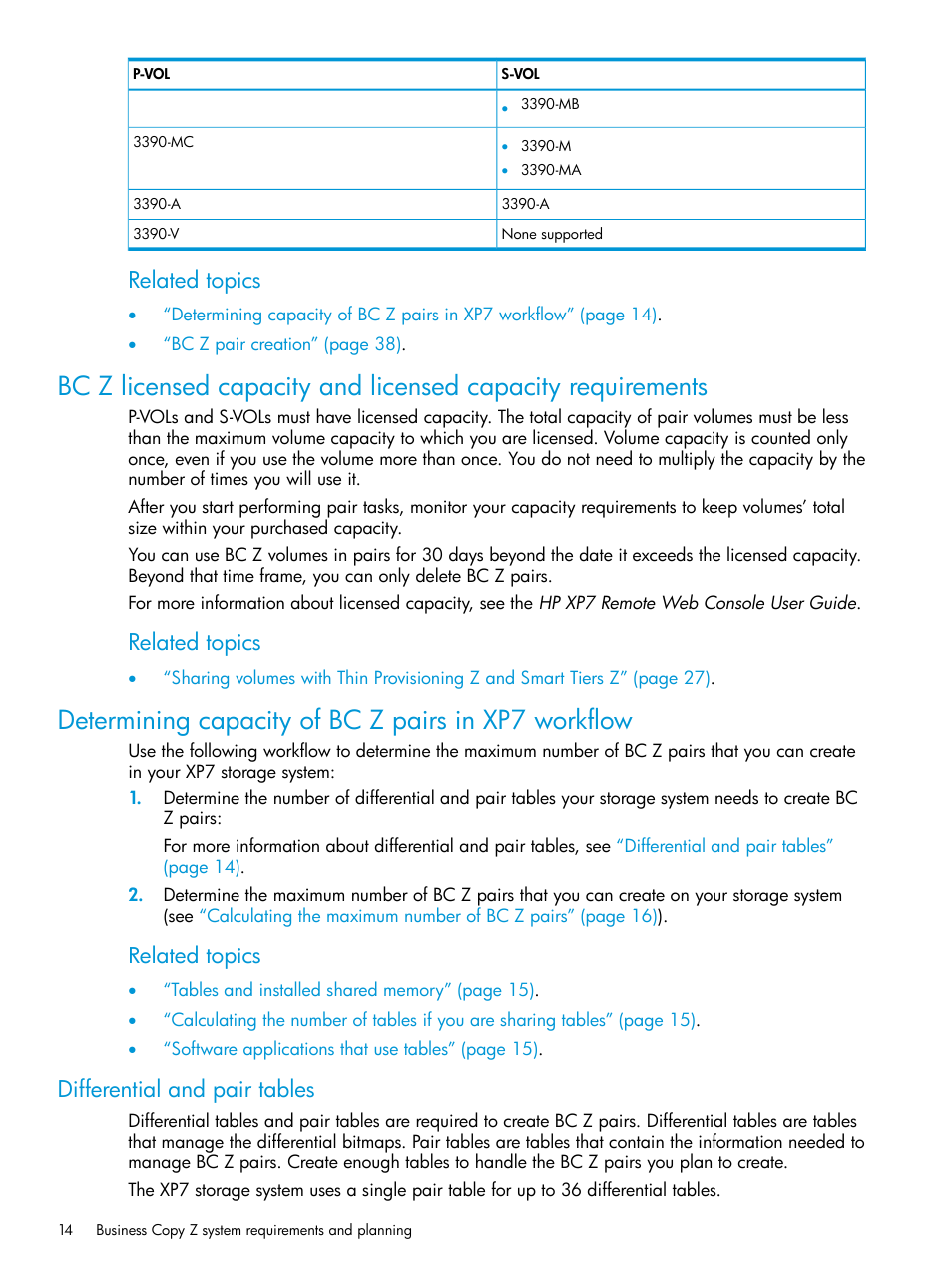 Determining capacity of bc z pairs in xp7 workflow, Differential and pair tables, Bc z licensed capacity | Related topics | HP XP Racks User Manual | Page 14 / 153